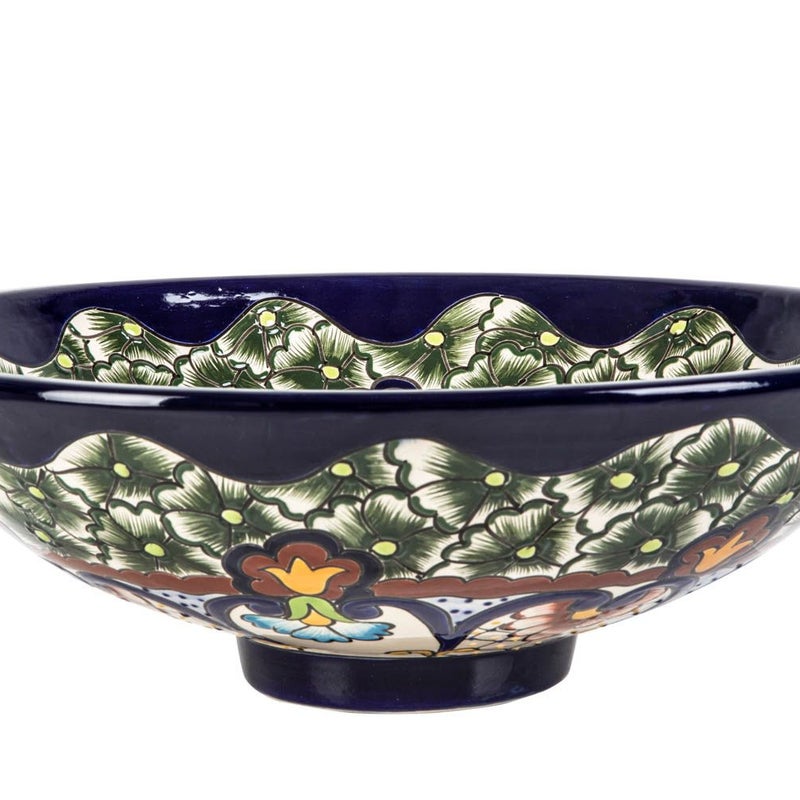 Meksykańska ceramiczna umywalka nablatowa z reliefem Juanetta Prima – okrągła umywalka łazienkowa 44 x 13,5 cm | Umywalka z motywami Talavera