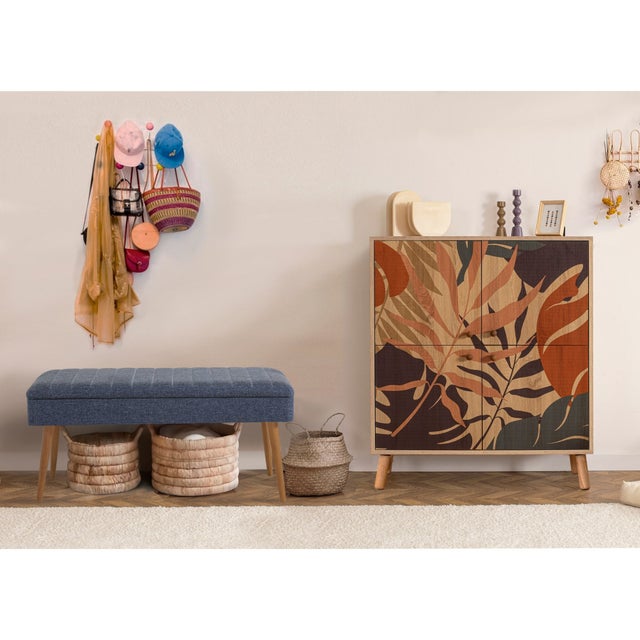 Elegante set di mobili da ingresso, truciolato rivestito in melaminico al 100%, spessore 18 mm, gambe in legno, scarpiera e panca, Sonomo e blu scuro,