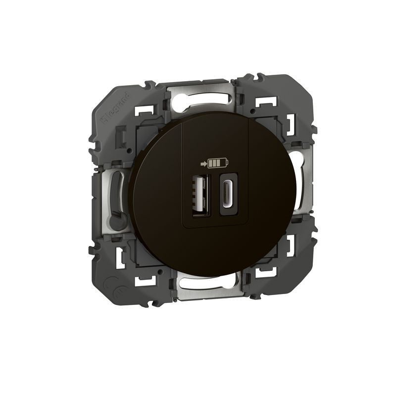 Double chargeur USB Type A et Type C Dooxie Legrand - 3A - 15W - Noir mat - 3
