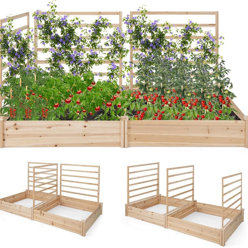 Podwyższona grządka z kratą, skrzynka na kwiaty z kratą, na rośliny, z drewna jodłowego, doniczka na rośliny pnące,naturalna (222 x 114 x 110 cm)