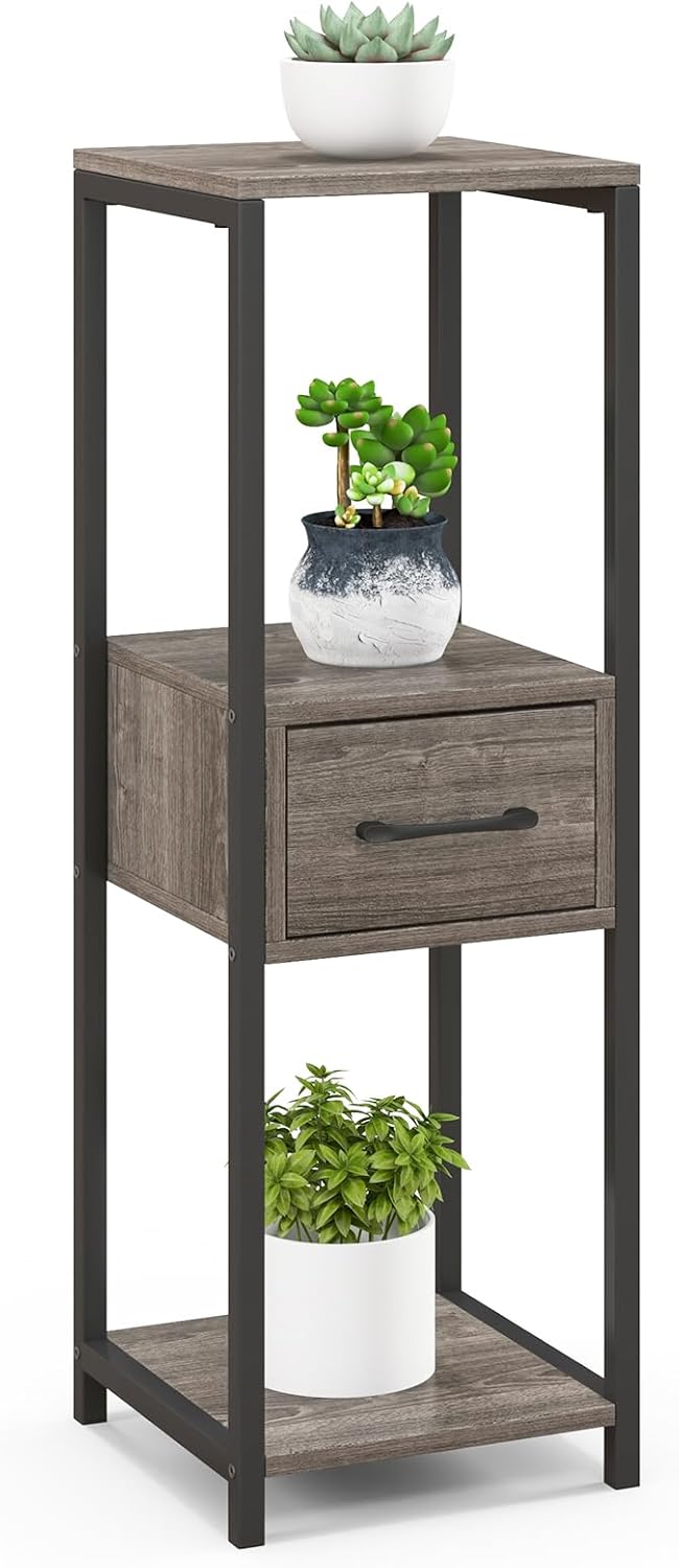 3 poziomy, metalowy stojak na rośliny, stojak na kwiaty z szufladą i zabezpieczeniem przed przewróceniem, na balkon, do wnętrz, 30,5 x 30,5 x 92