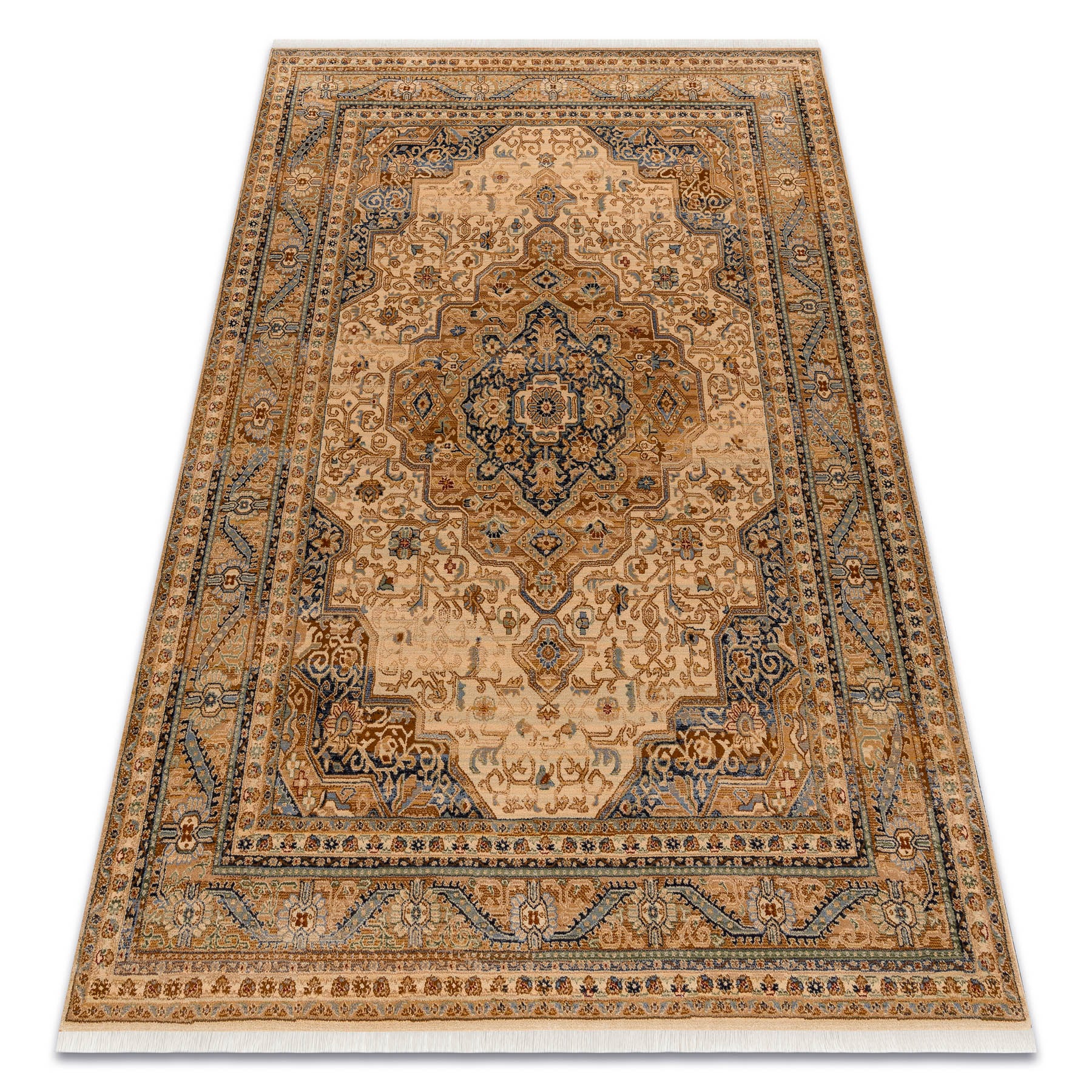 Dywan wełniany KESHAN Frędzle, Ornament, ramka orientalny 8995/53565 beż / niebieski 250x340 cm