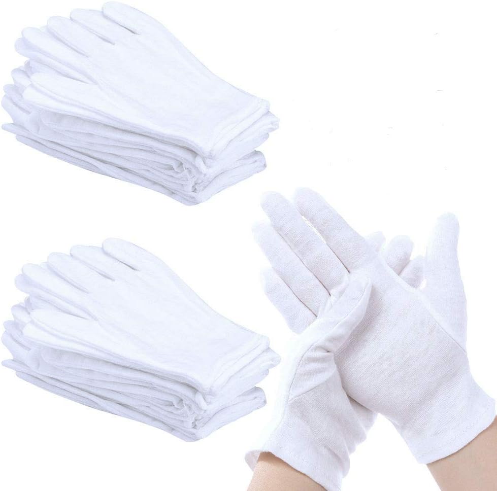 12 Paia Di Guanti In Cotone Bianco 70% Per Ispezione, Protezione E Igiene - Taglia Media Unisex