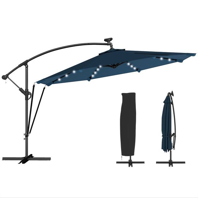 Parasol déporté avec éclairage solaire LED Ø345 cm, parasol de jardin en aluminium avec base en croix et cache-manivelle bleu