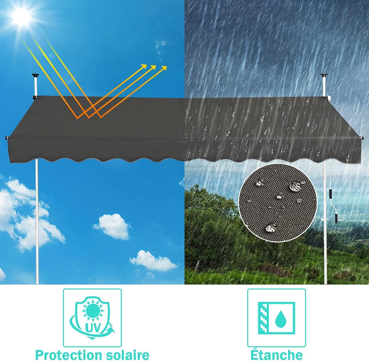 Store Banne Manuel Rétractable 3x1,75M en Aluminium-sans Perçage-Hauteur Réglable 2-3M-Auvent Banne de Balcon sur Pied,Gris - 6