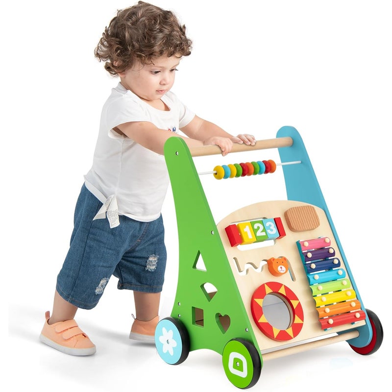 7 w 1 Chodzik dla Niemowląt, Drewniany Chodzik z Wieloma Funkcjami do 7 Zabawnych Aktywności w Zestawie, Odpowiedni dla Dzieci Powyżej 3 Roku Życia