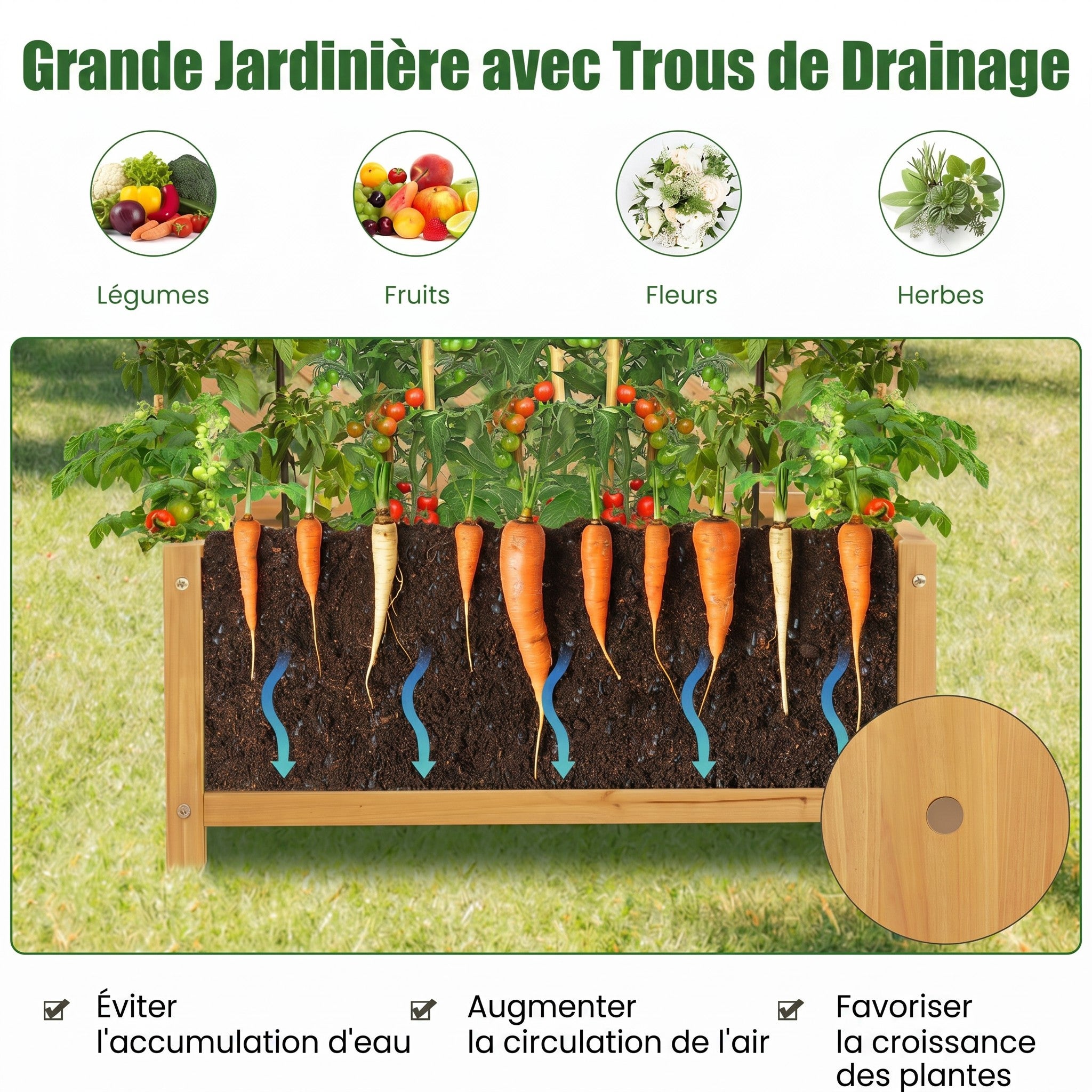 Jardinière avec Treillis 180cm en Bois, 4 Trou de Drainage pour Plantes Grimpantes, Fleurs, Bac à Fleurs avec Treillis, 90x44,5x180,5CM (Naturel) - 4