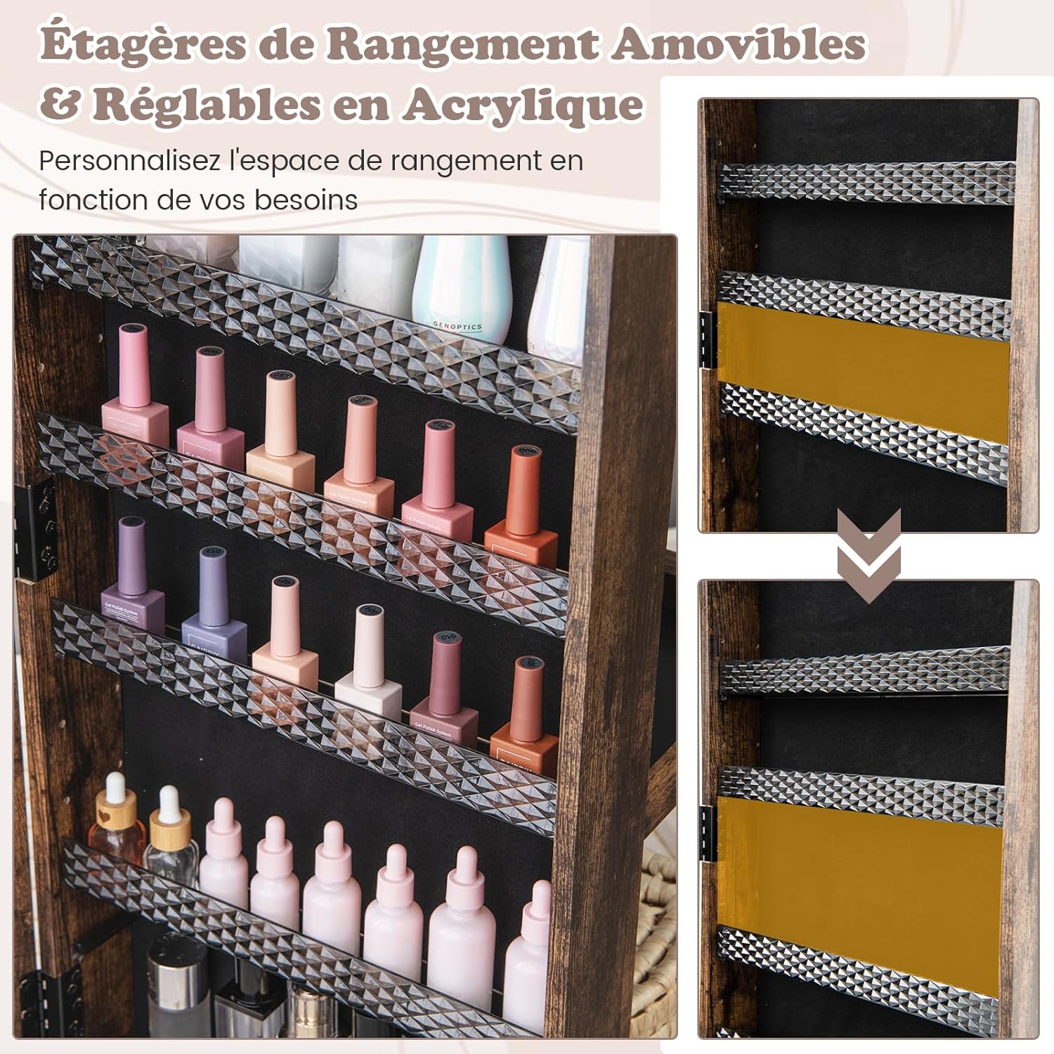 Armoire à Bijoux sur Pieds Mobile avec Miroir Psyché sans Cadre, Lumières LED et Miroir de Maquillage Intégré, Verrouillable, Café - 6