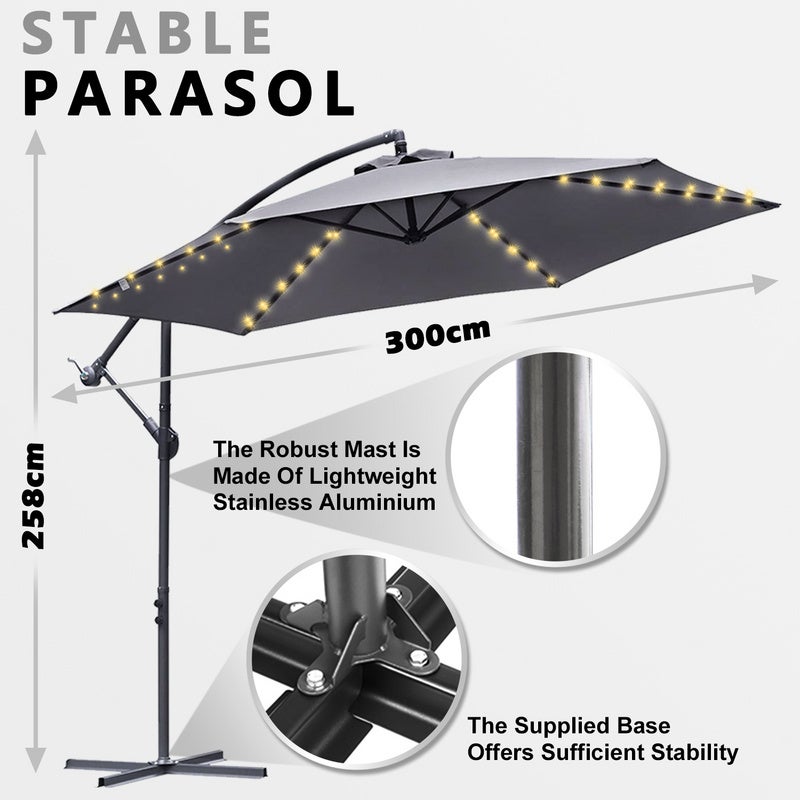 Parapluie 3m Parasol avec LED Alu pivotant Parapluie de jardin terrasse balcon Gris - 2