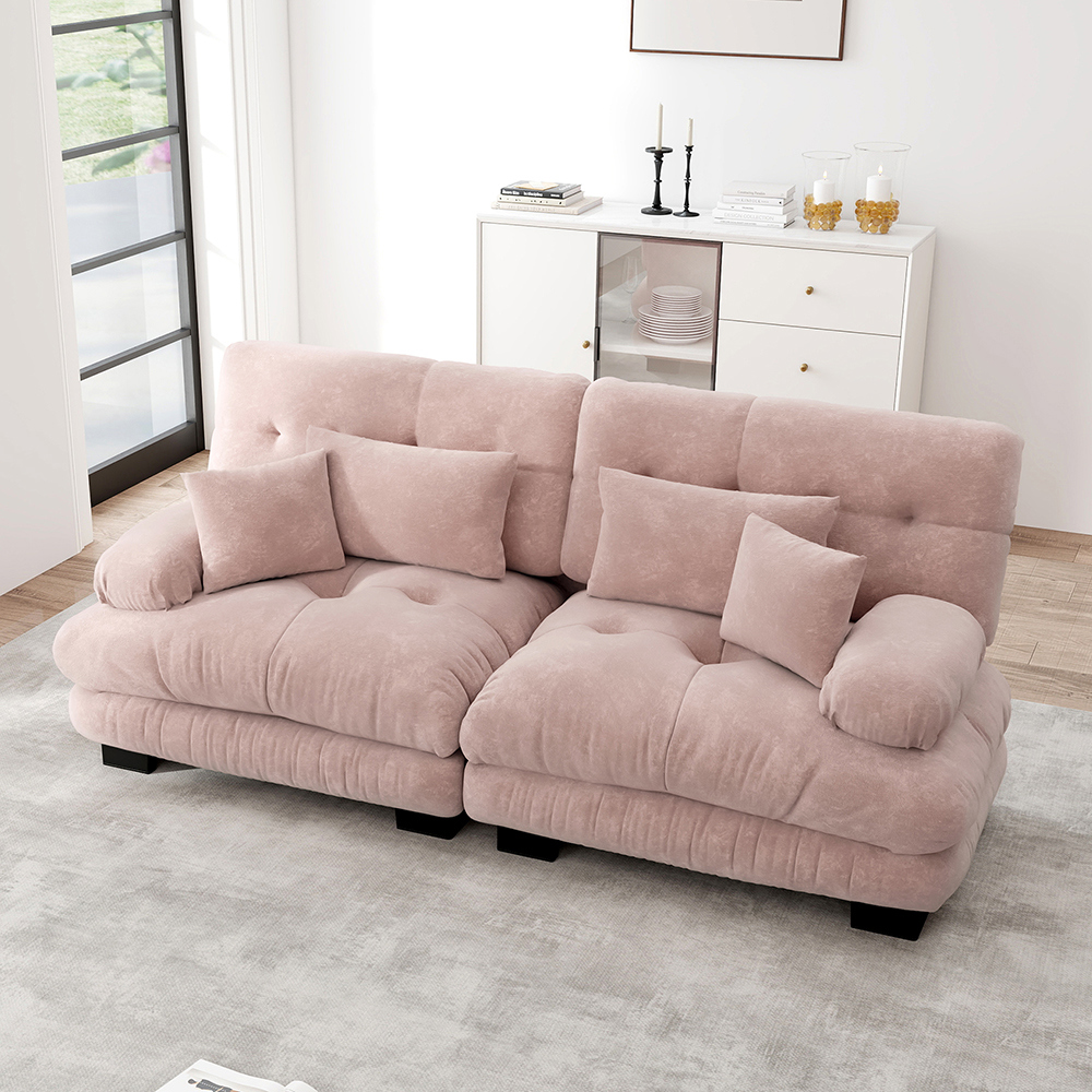 Canapé d'angle Cloud double chenille, 2 coussins lombaires + 2 décoratifs, structure bois, rose. - 5