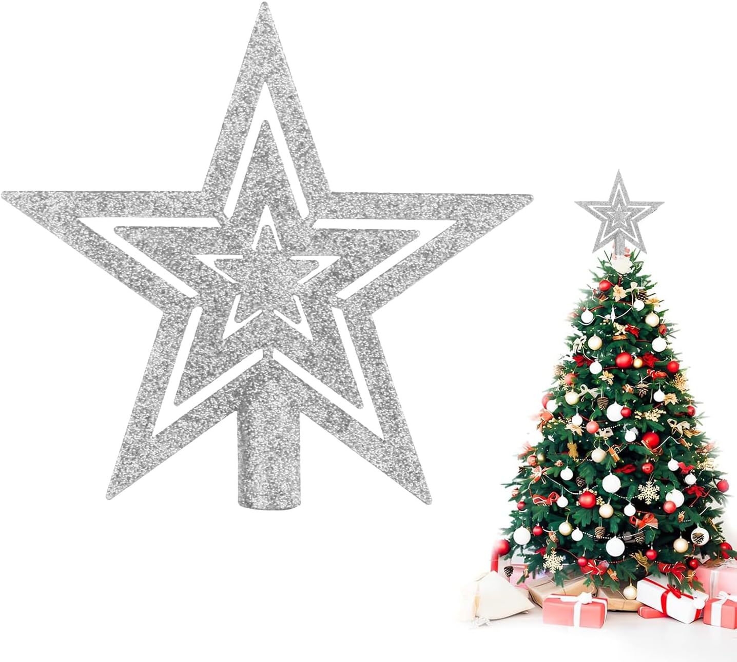 Étoile De Sapin De Noël Argentée 20 Cm - Topper Brillant Creux - Décoration De Noël Réutilisable