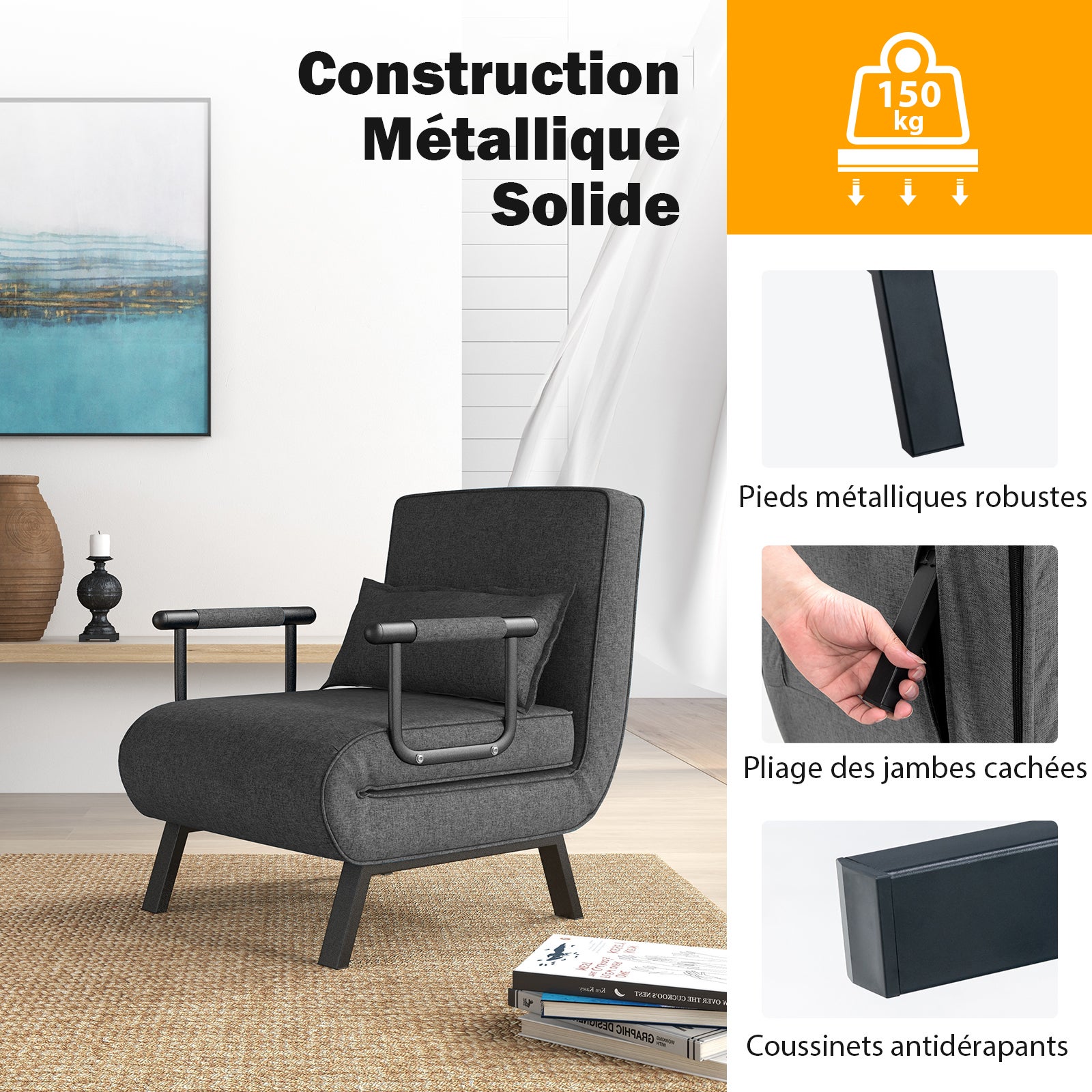 4 in 1 Poltrona Letto Singolo, Poltroncina Pieghevole con Schienale Regolabile in 6 Posizioni, Sedile Imbottito Robusto, Divano Letto per Casa - 7