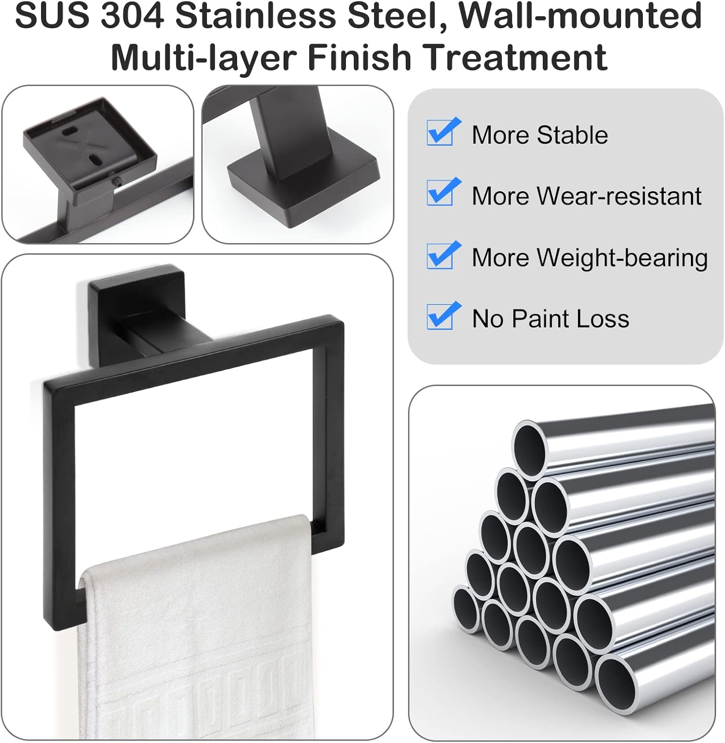 Lot de 2 barres porte-serviettes carrées noires mates, porte-serviettes de salle de bain moderne, porte-serviettes mural en acier inoxydable SUS304 - 5