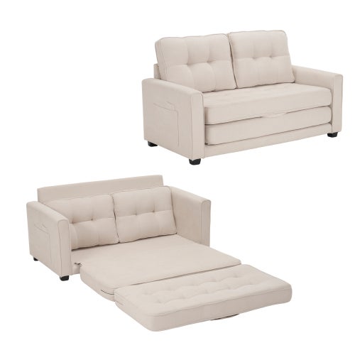 Sofá de 2 plazas con función de cama, tela de algodón y lino, gris, dimensiones 151x86x75 cm, con cojines incluidos