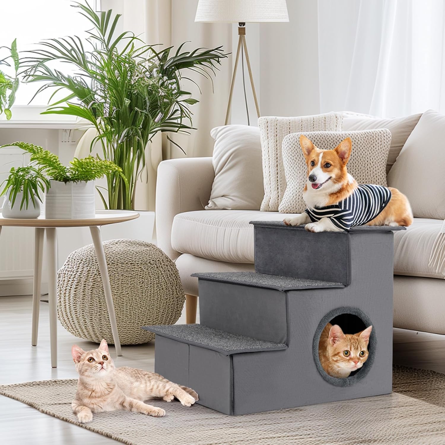 Scala 3 Gradini Per Cani E Gatti GYMAX – Cuccia Morbida, Antiscivolo, 54x42x44 Cm, Per Divano E Letto, Pieghevole