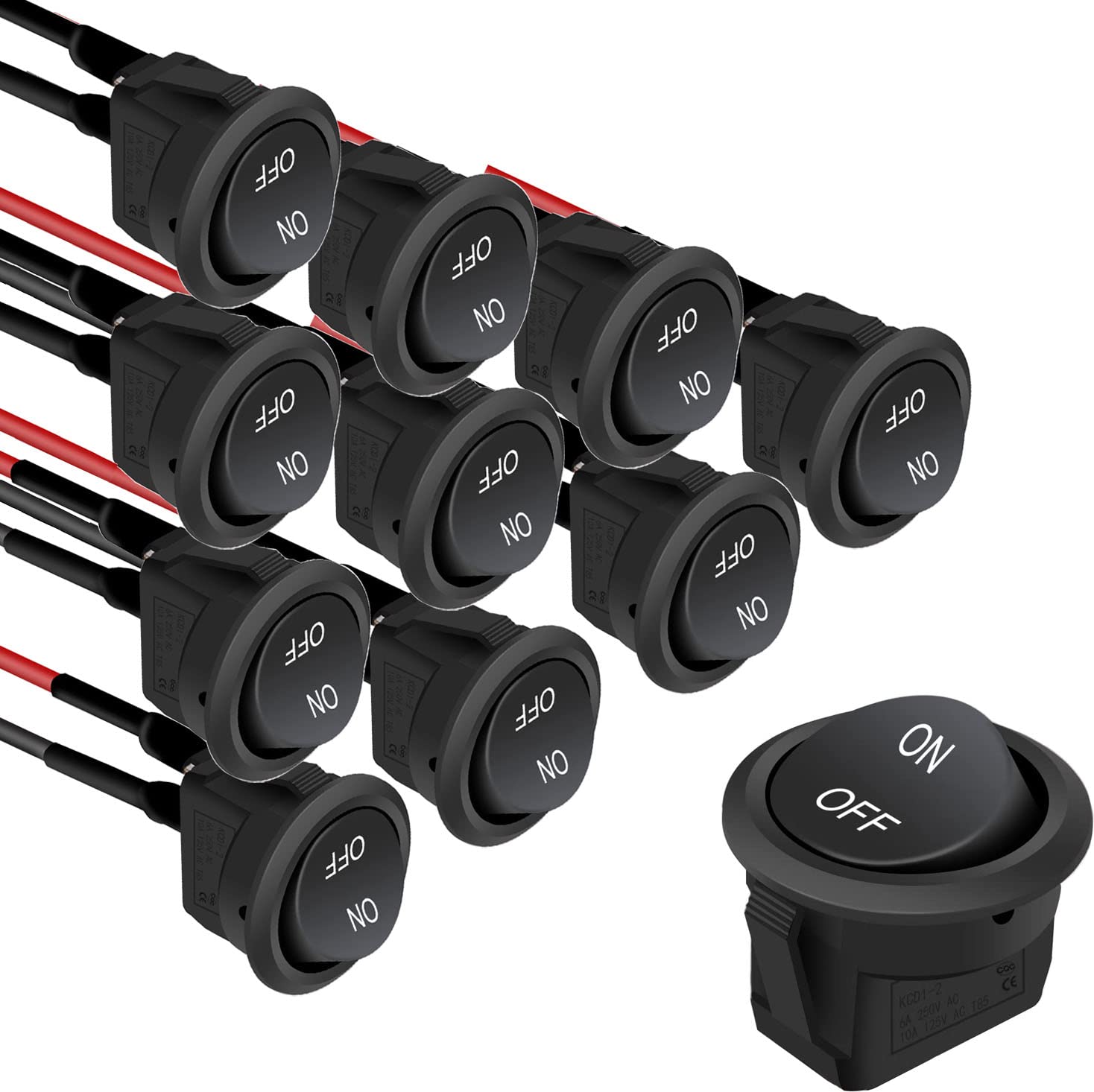 10x Okrągły przełącznik kołyskowy ON/OFF – wstępnie okablowany SPST, 12V 6A/250V, do samochodu, ciężarówki