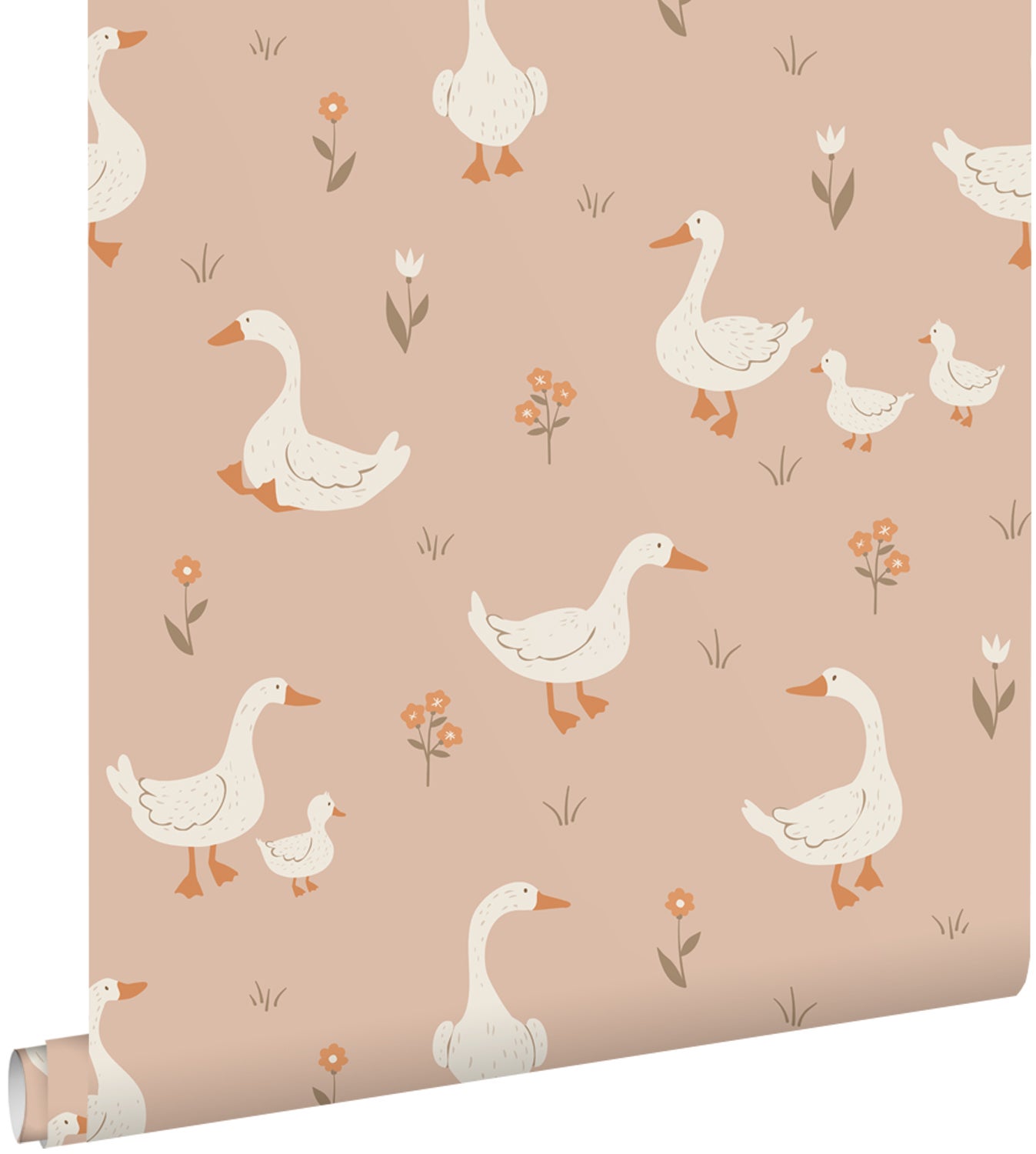 Tapeta słodkimi gęsiami terakoty różowej - 50 x 900 cm - ESTAHOME