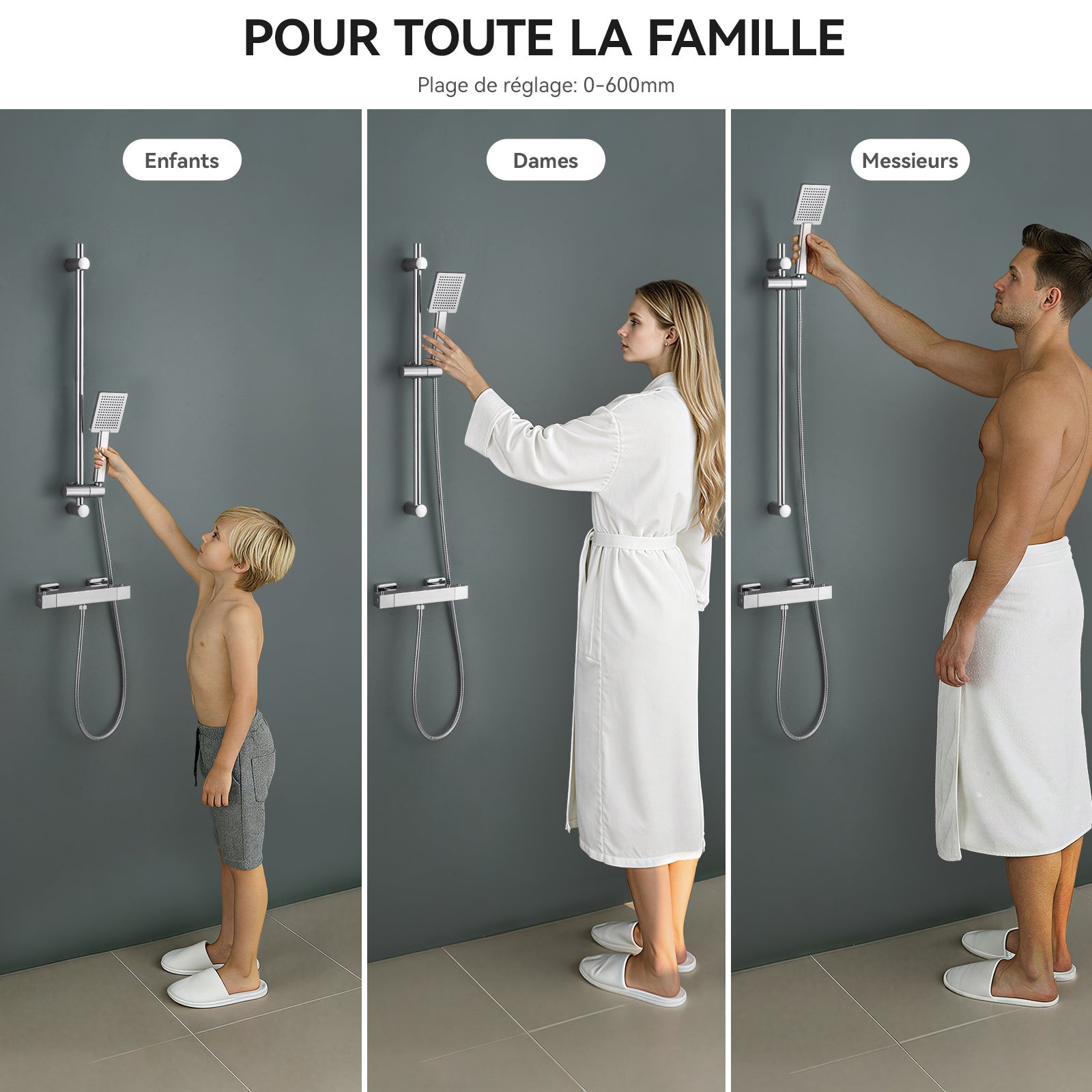 Barre de Douche en inox 70 cm avec Support de Pommeau de Douche /étagère de douche,fixations murales réglables,avec support de douchette,chromé - 2