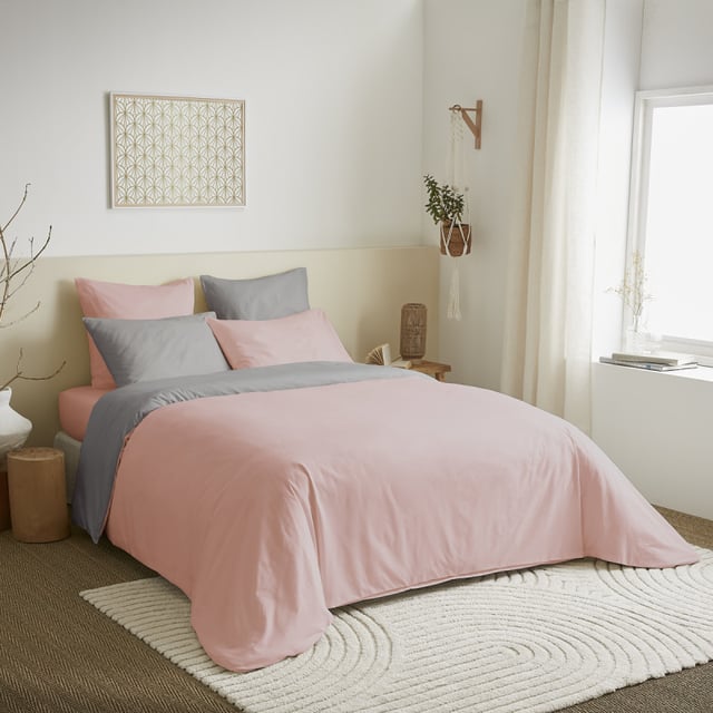 Pack complet 6 pièces Rose/Gris réversible housse de couette pour lit 140 x 190 cm
