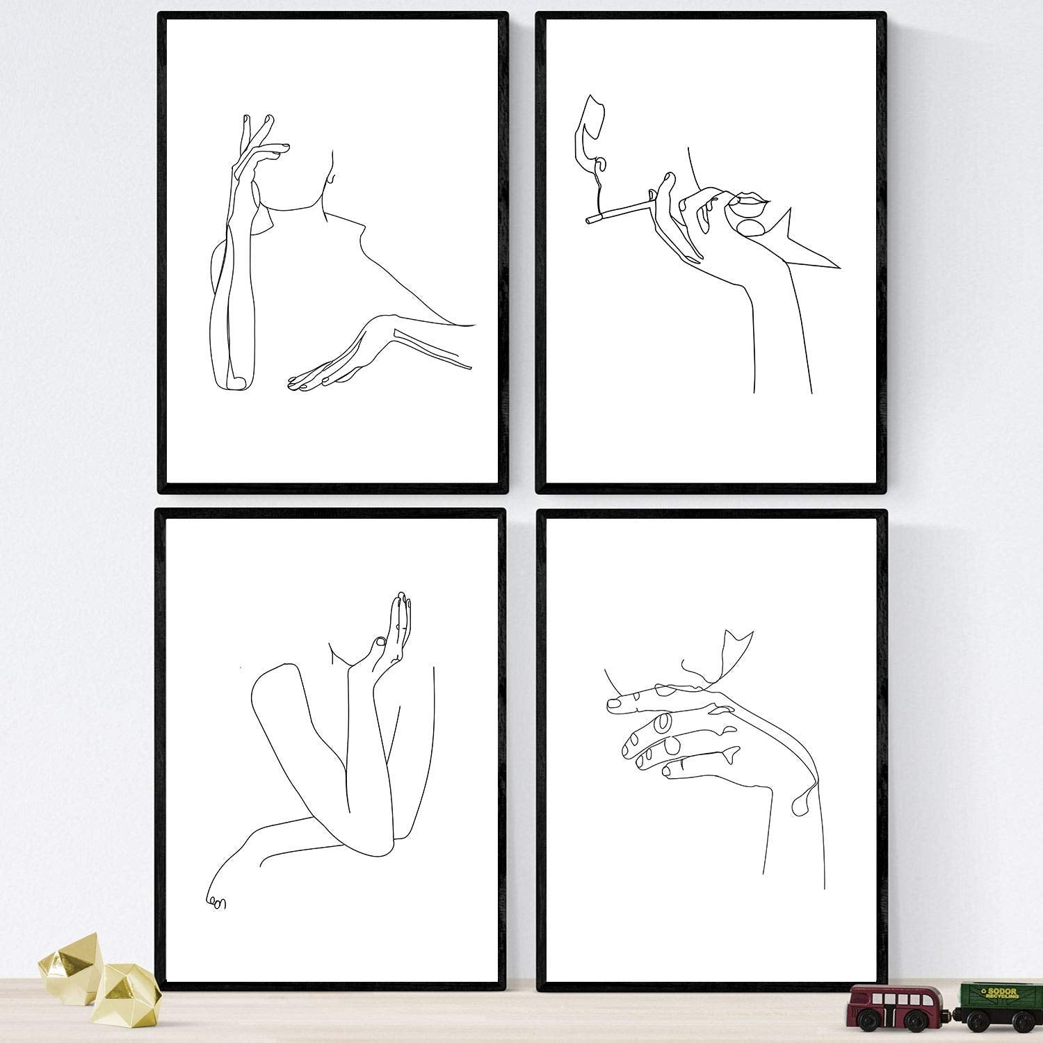 Set de 4 laminas de dibujos y bocetos a una linea mujeres poster nordico de rostros desnudos cuerpos al natural