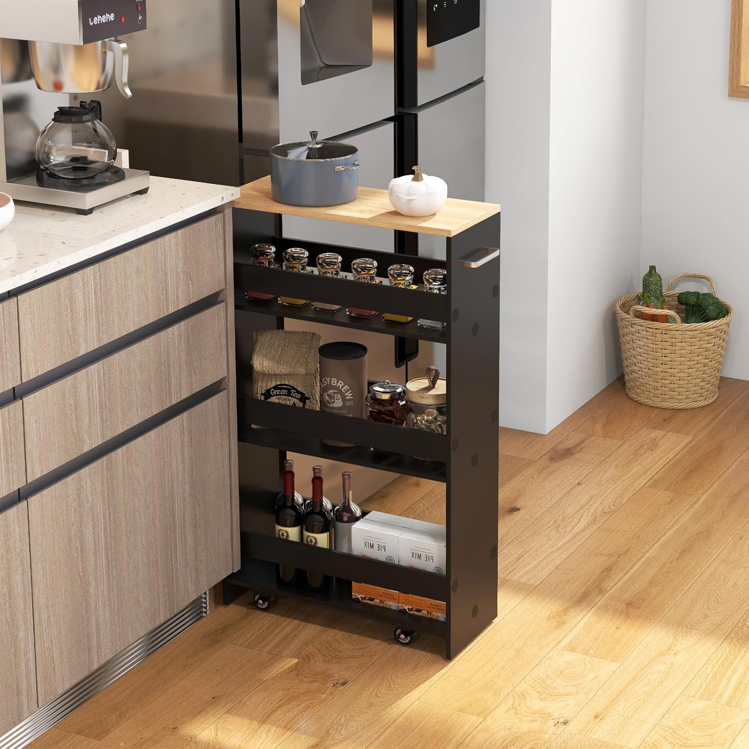 4-poziomowy Wózek Kuchenny, 4 Kółka Obrotowe 360°, Wszechstronna Półka Kuchenna z Uchwytem Bocznym, do Kuchni/Łazienki/Salonu