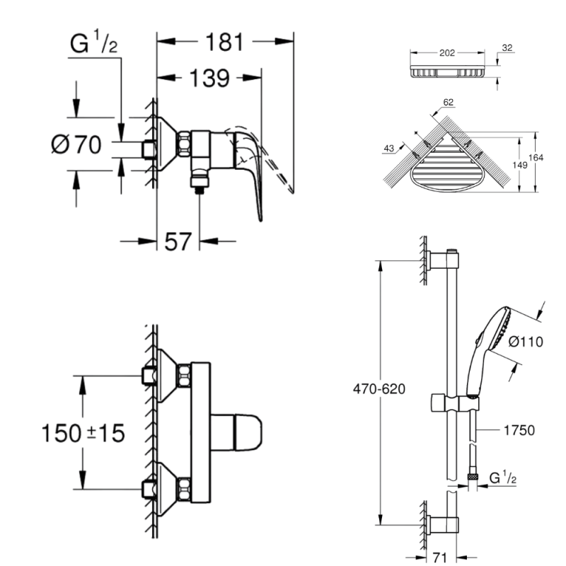 Mitigeur douche mécanique GROHE Swift 2023 + Ensemble de douche 2 jets avec barre + Panier porte-savon - 4