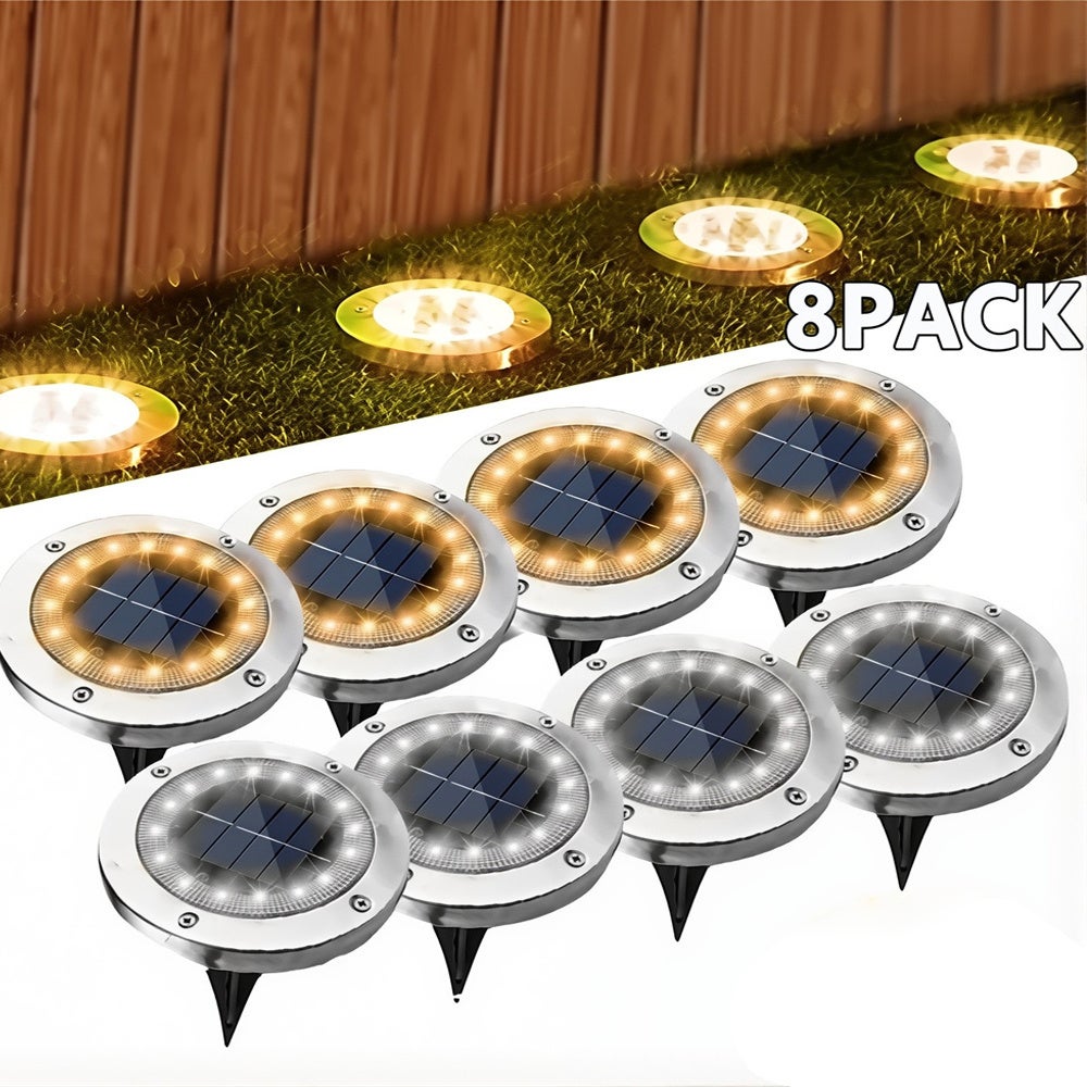 Zestaw 8 lamp solarnych do użytku zewnętrznego, 20 diod LED, wpuszczany reflektor do ogrodu, trawnika, ciepła biel