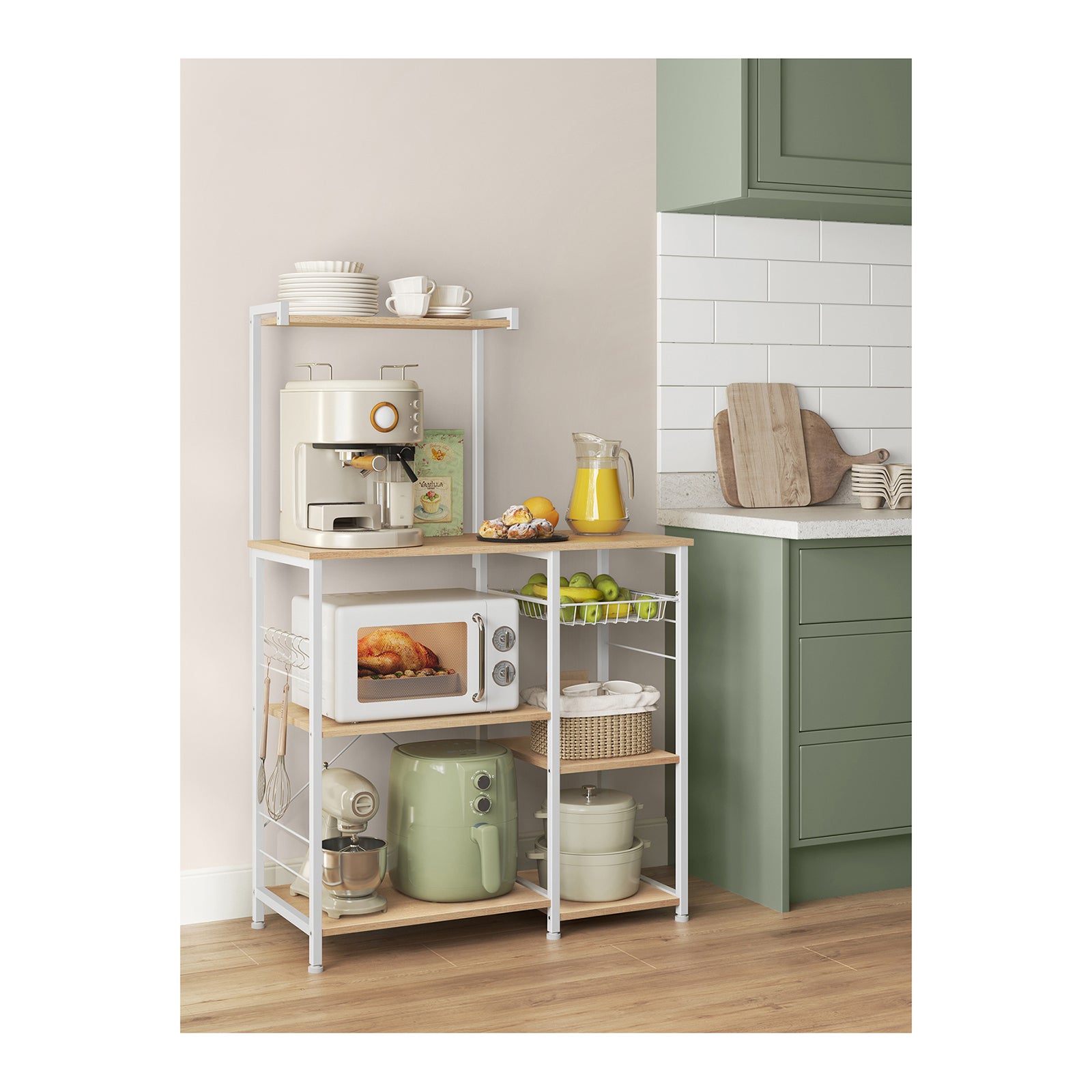 Scaffale da cucina con cestino in metallo, 6 ganci, per spezie, pentole e padelle, moderno, rovere beige e bianco - 2