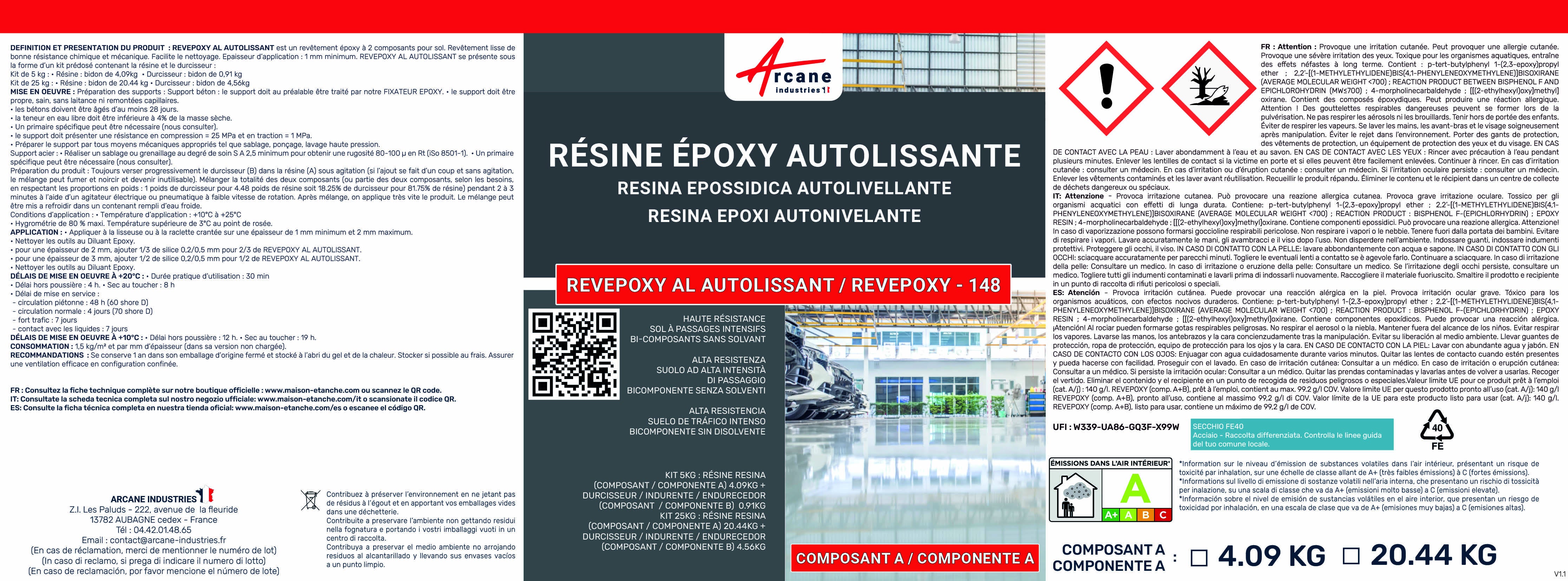 Résine epoxy autolissante sols - REVEPOXY AL Bleu signalisation - RAL 5017 - 5 kg - ARCANE INDUSTRIES - 5