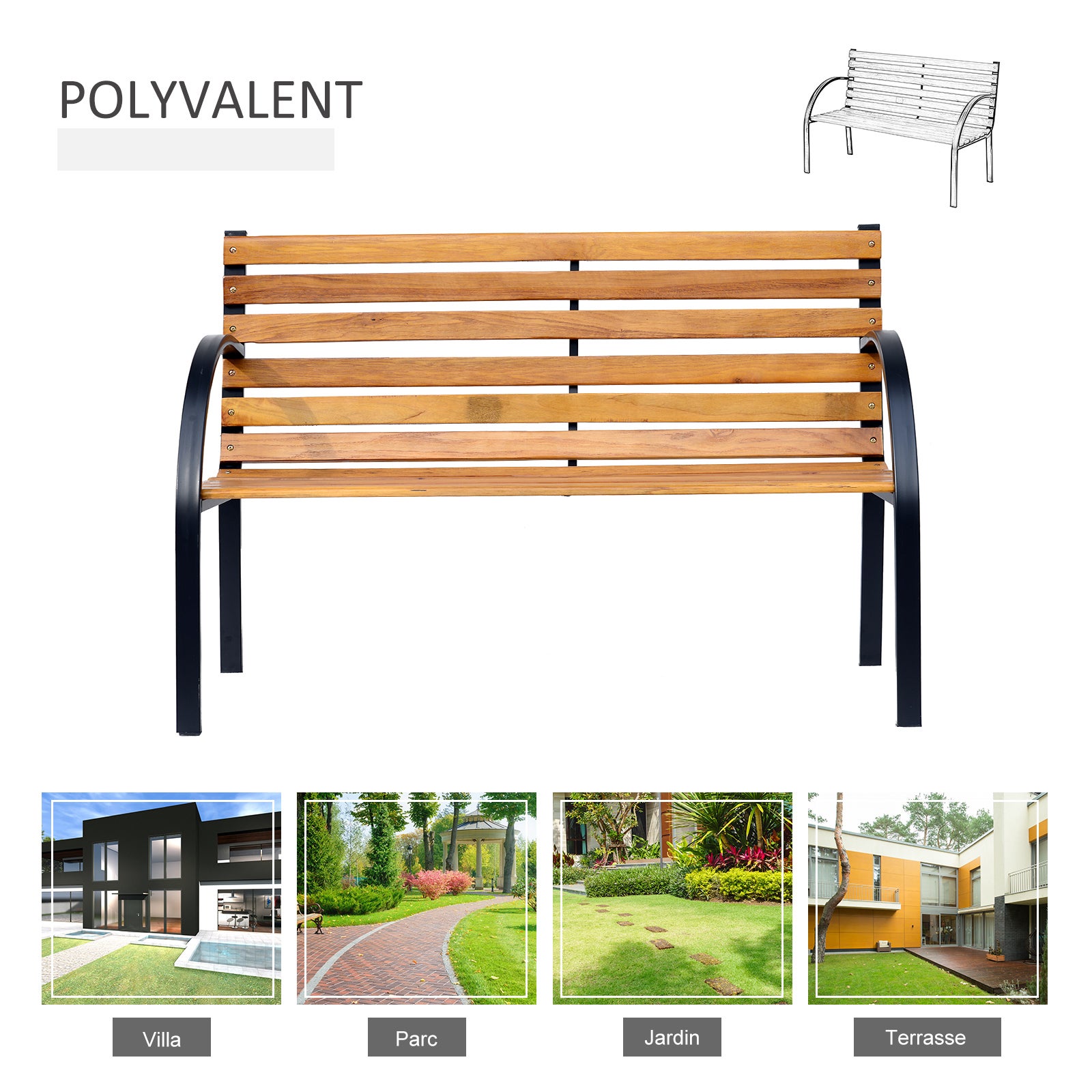 Banc de jardin 2 places style rural chic acier époxy bois lasuré - 6