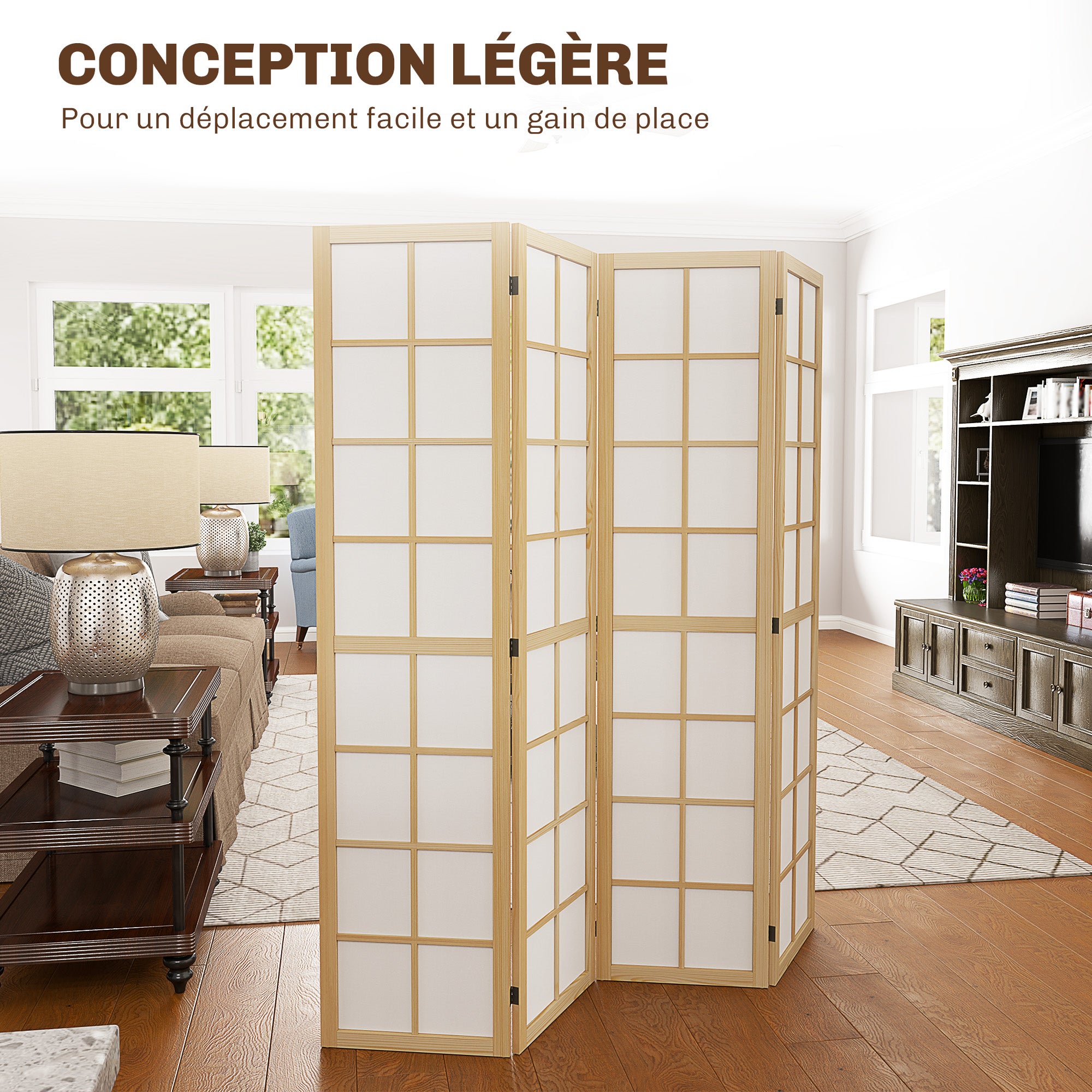 naturel, Paravent interieur pliable 4 panneaux 160 x 170 centimètres séparateur de pièce pour salon chambre à coucher maison - 8