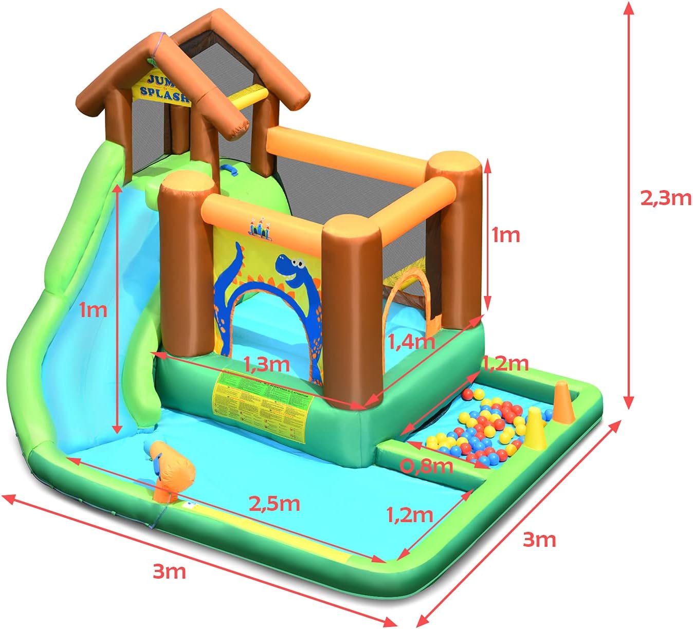 Estrutura Insuflável Dinossauro com Zona de Saltar, Piscina, Canhão de Água e Bolas, para crianças dos 3 aos 10 anos, até aos 135 kg (com soprador) - 3