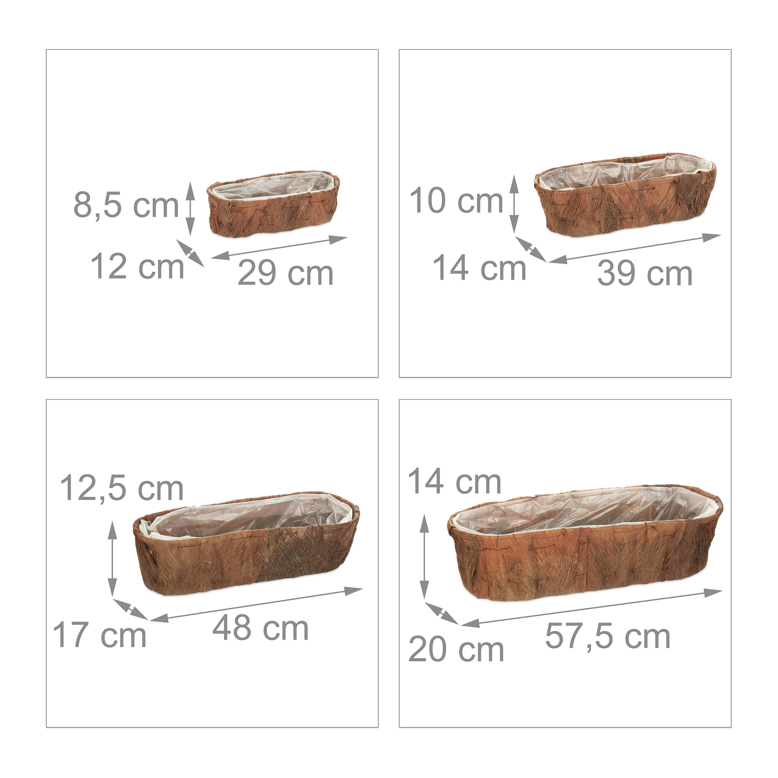 Jardinières, 4 tailles différentes, jardin, balcon & rebord de fenêtre, cache-pots avec film plastique nature, Relaxdays - 4