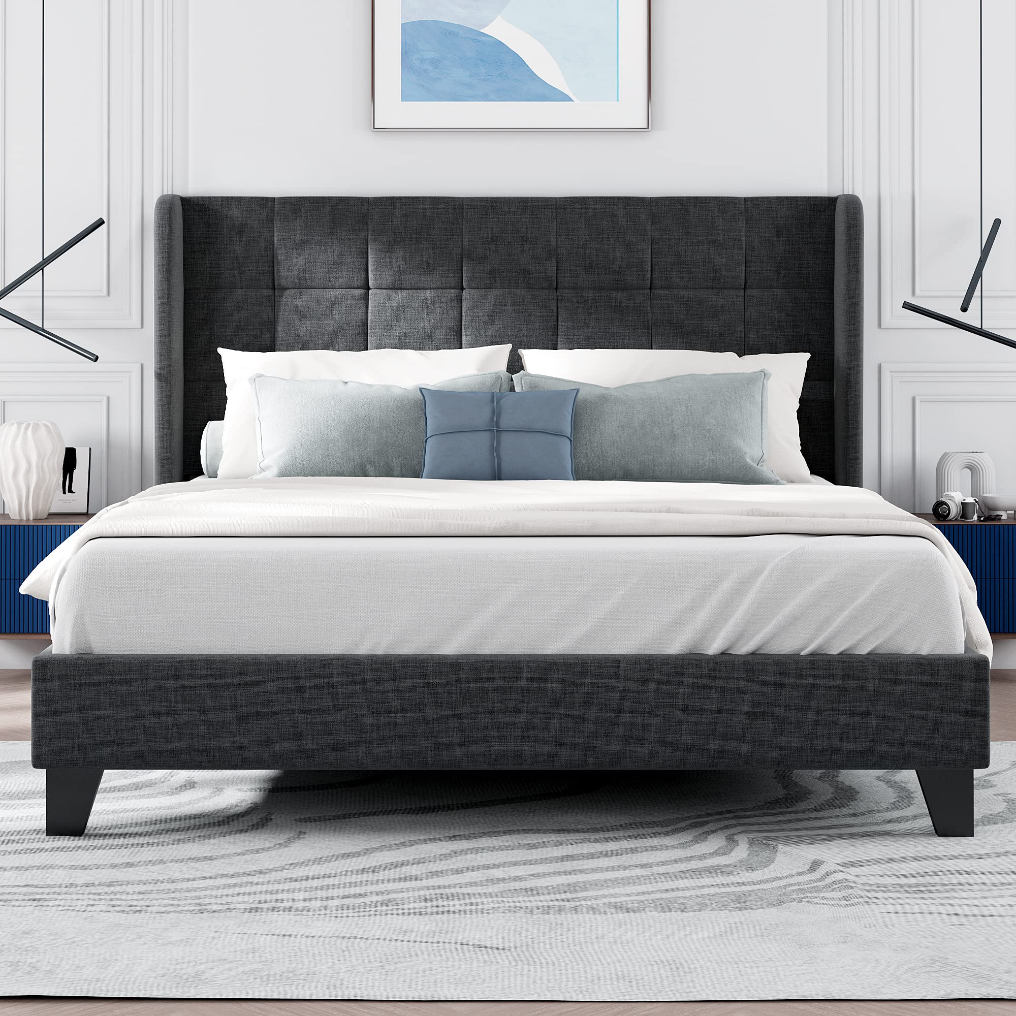 Cama de adulto tapizada con cabecero - 140 x 200 cm - tela de lino - gris - 3