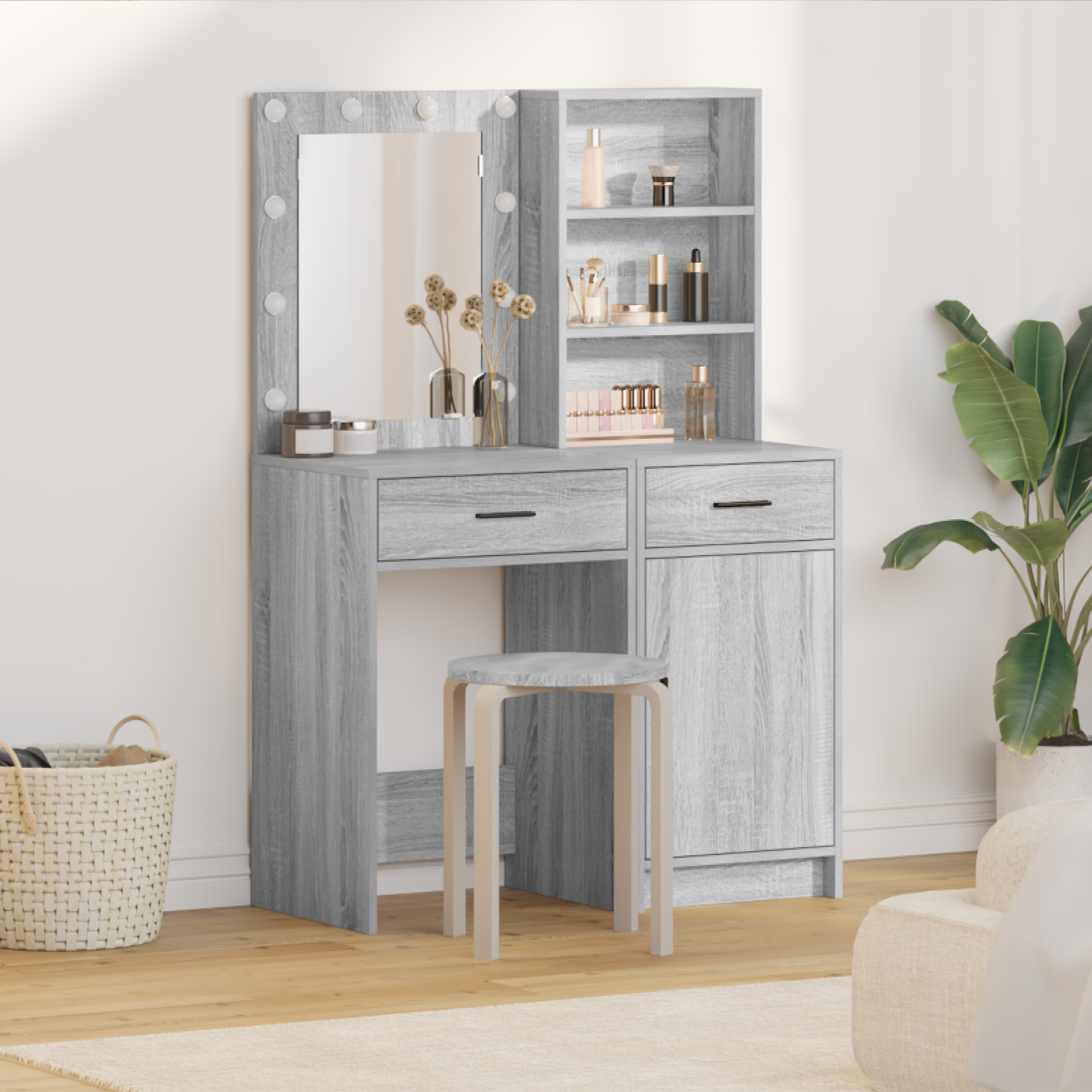 Coiffeuse LED Avec Miroir Et Tiroir - Bois Chêne Sonoma 74.5x40x141cm