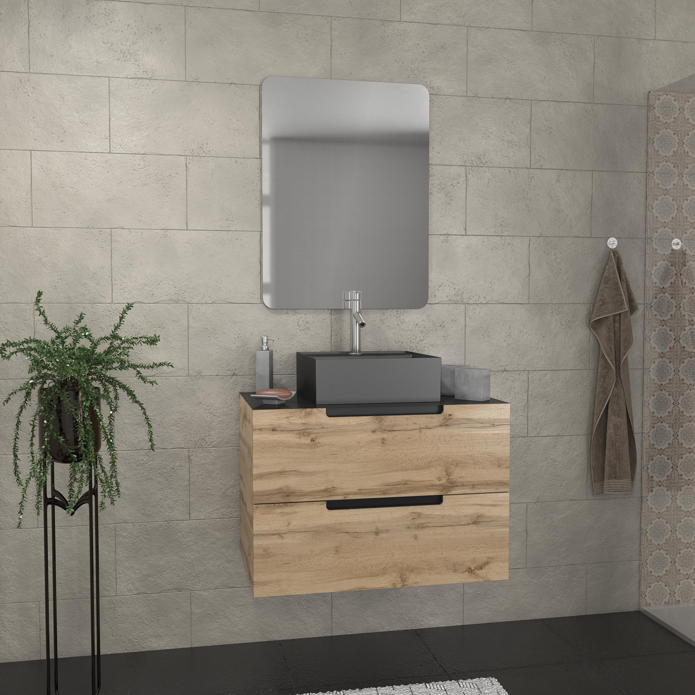 Mueble de baño 80 cm 2 cajones - roble y negro-lavabo cuadrado-espejo 60x80