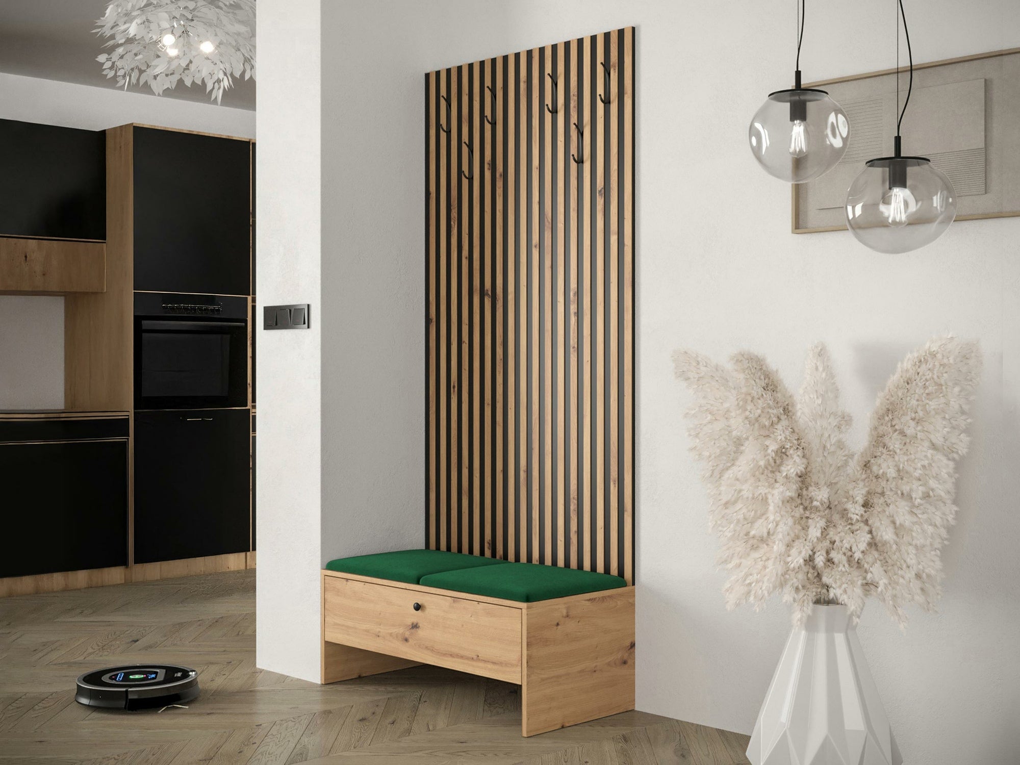 Meuble d'entrée Donio IV, 206x85x44cm, Noir, Chêne Artisan, Tissu, Stratifié, À poser - 2