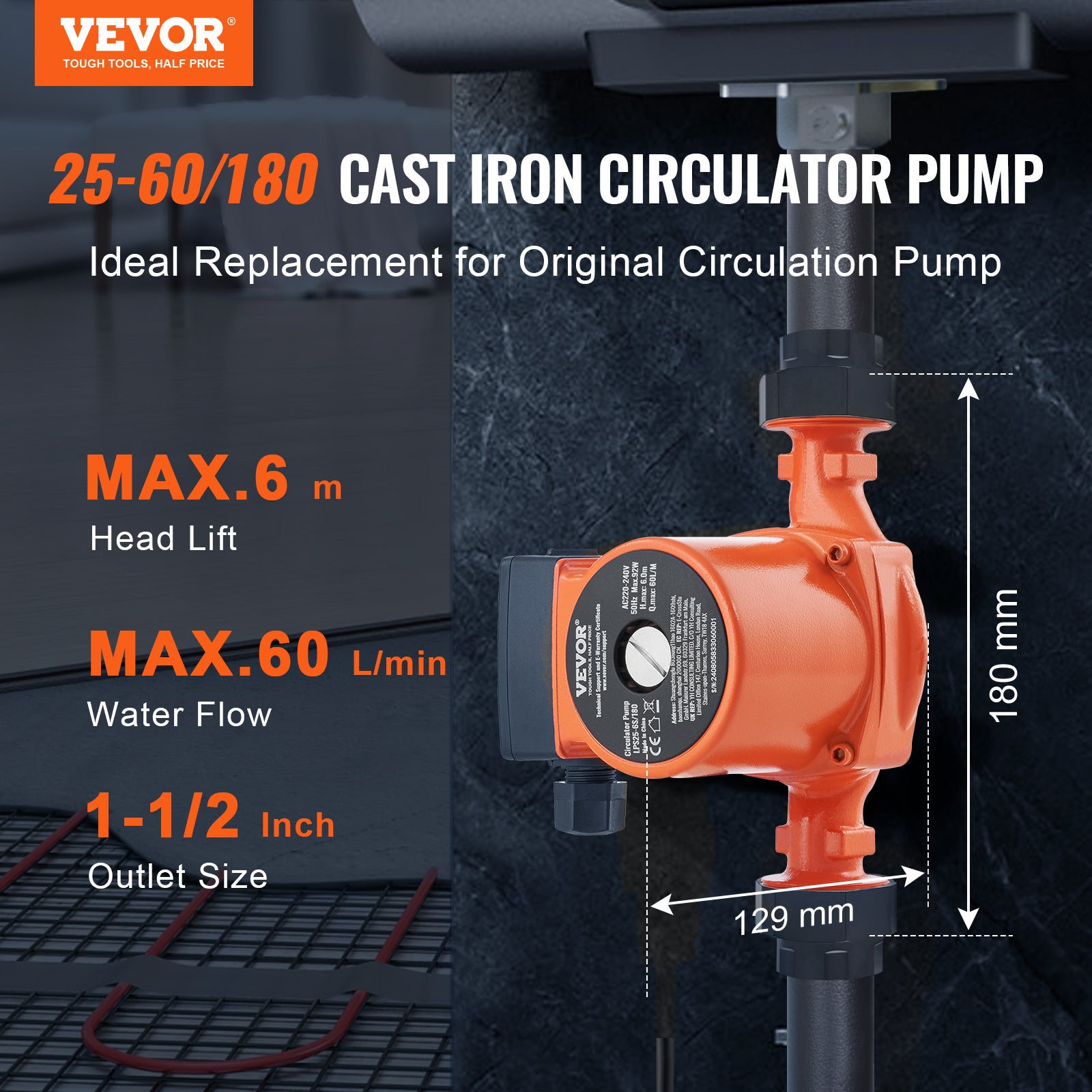 VEVOR Pompa Ricircolo Acqua Calda 38 L/min – Kit Istantaneo Con Timer E 3 Velocità, 100 W Per Scaldabagni E Riscaldamento A Pavimento