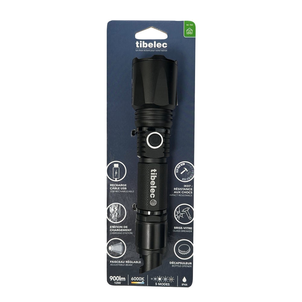 Lampe Torche LED rechargeable USB, 10W, 900 lumens, IP44, IK07, fonction brise vitre, decapsuleur, power bank - Tibelec - 8