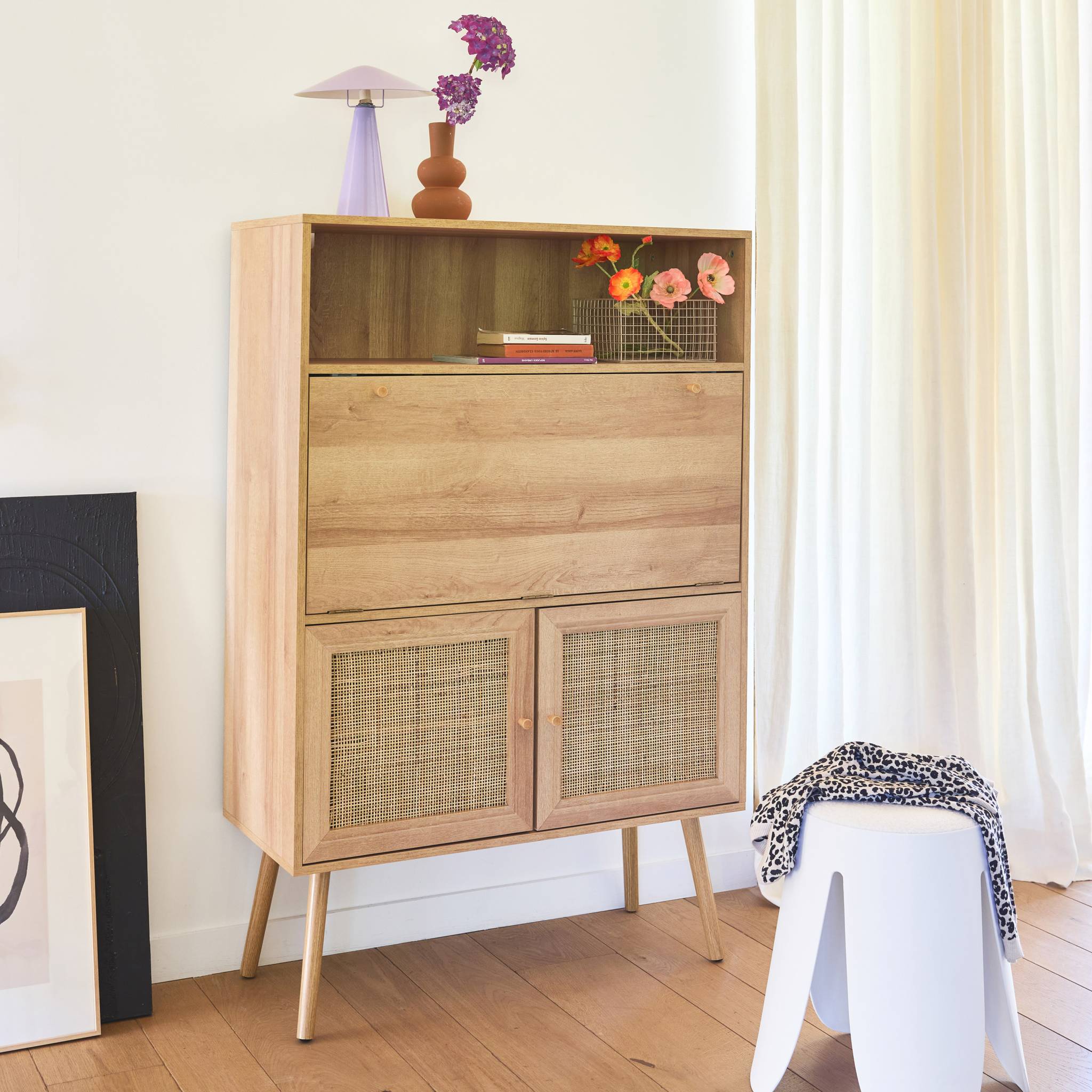 Bureau secrétaire décor bois et cannage 2 portes naturel - Boheme BOHÈME - 3
