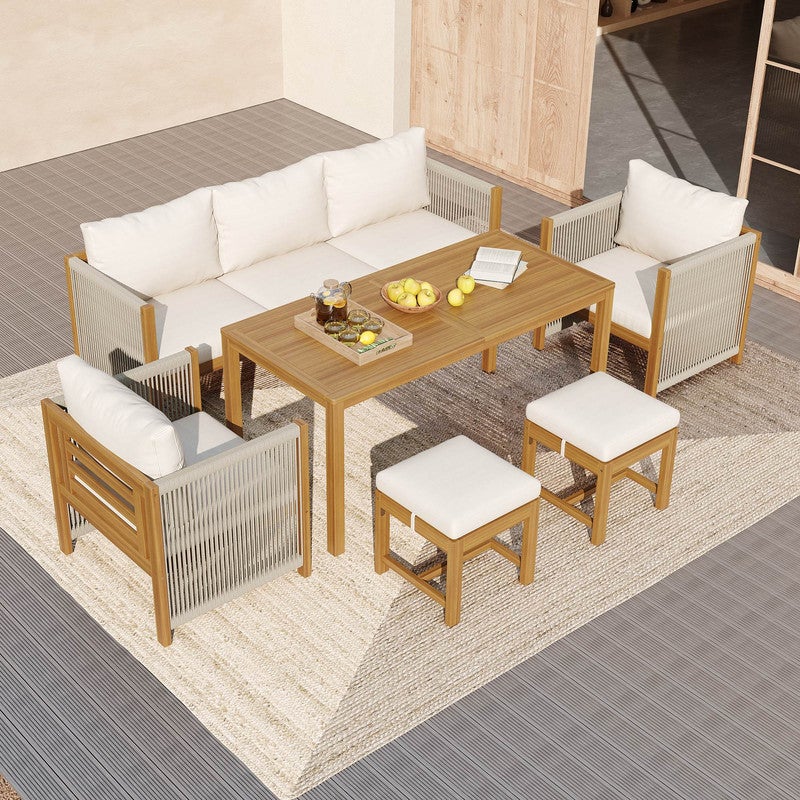 Conjunto Jardin Exterior 7 Personas,Sofa Exterior Terraza O Balcón,Outdoor Furniture, 1 Mesa+1 Sofá De 3 Plazas+2 Sillones+2 Taburetes,Tablero Acacia - 2