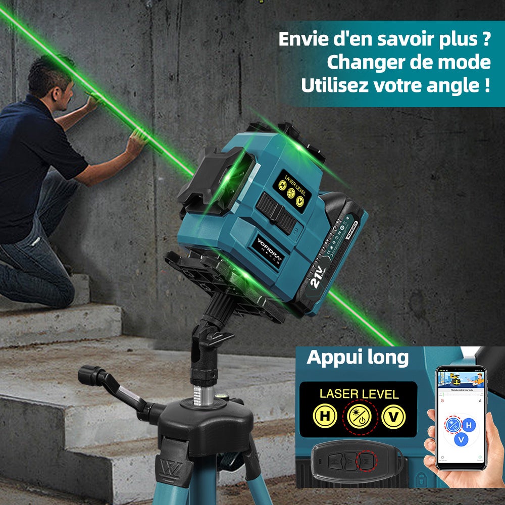 Laser de ligne croisé 16 lignes Niveau laser 3° Autonivelante 4 x 360° Niveau laser avec 2x batterie + trépied, pour construction intérieure - 6