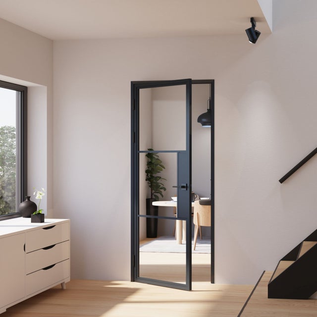 Bloc-porte fin de chantier vitré, acier noir verre transparent, H.211 x l.83 cm, SCHULTE, poussant droit, porte intérieure loft 3 vitrages + serrure