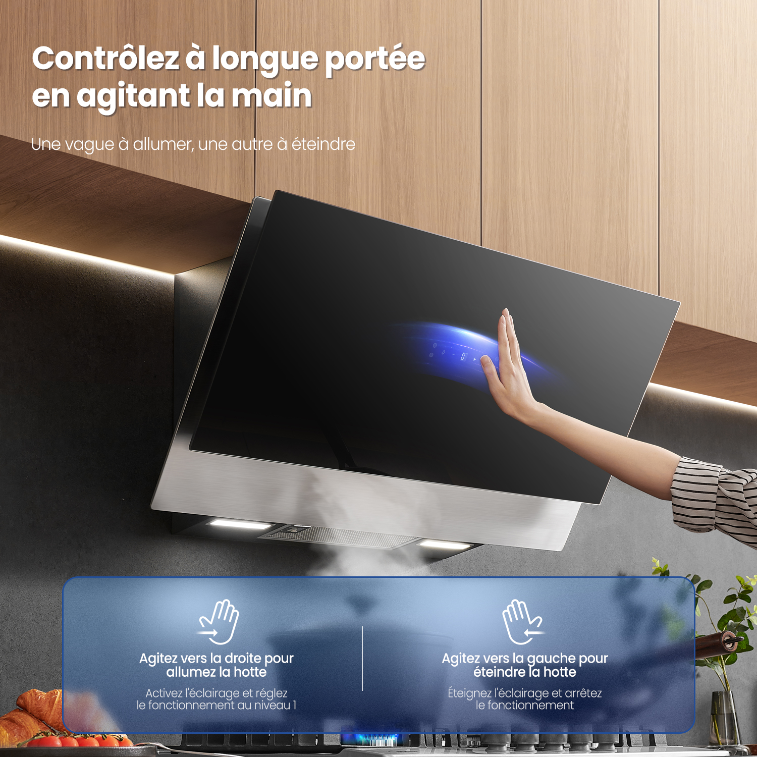 COMFEE Hotte Aspirante Inclinée 90cm 800m³/h Classe A++, Commandes Gestuelles, 4 Vitesses, BLDC Moteur, Evacuation & Recyclage, Verre Noir - 6