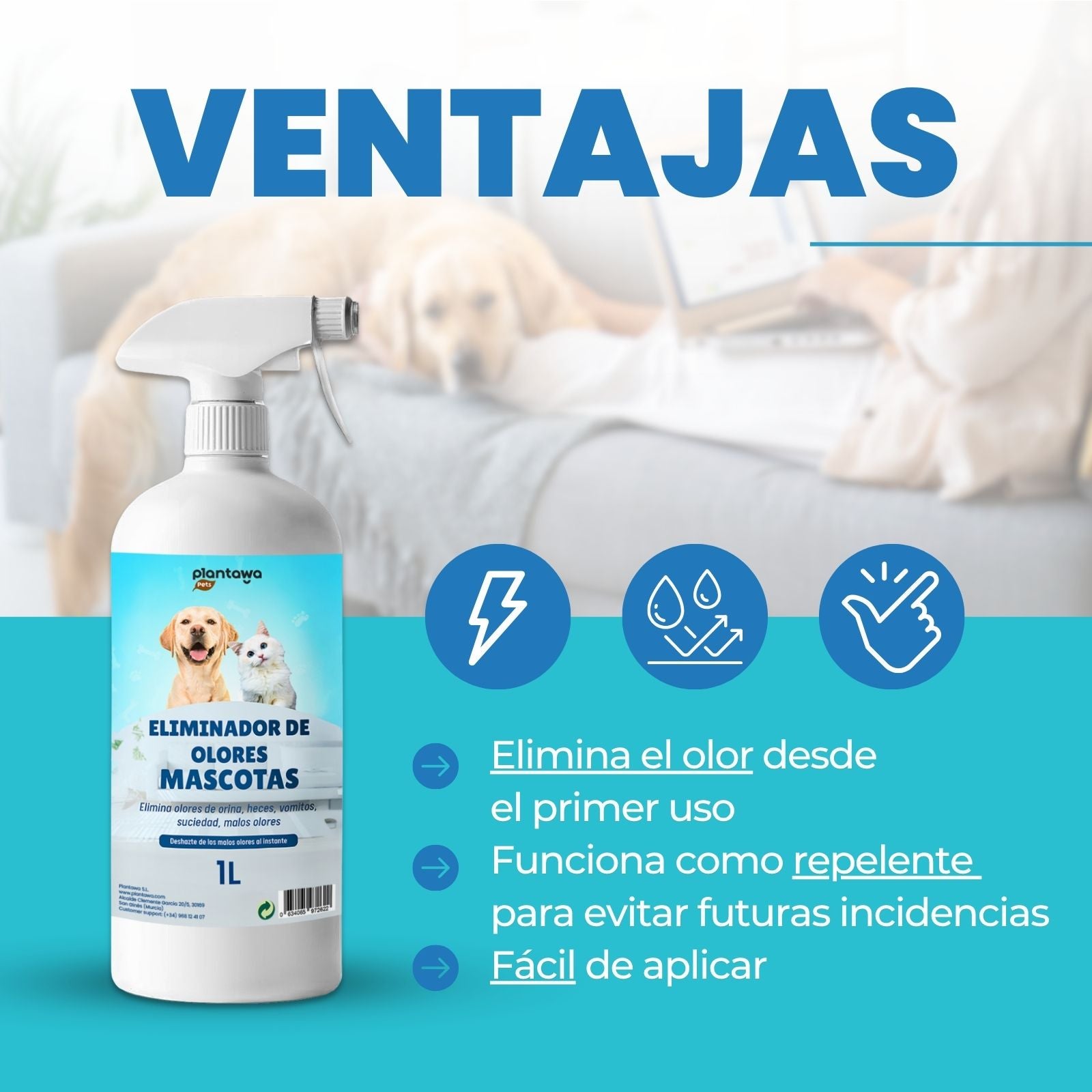 PLANTAWA Eliminador de Odores Instantâneo para Animais de Estimação 1l. Neutralizador de Odores Enzimático Urina Fezes Vómito. - 4