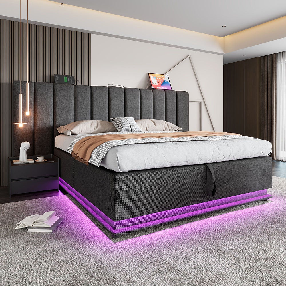 Łóżko tapicerowane 180 x 200 z aplikacją LED i ładowaniem USB-C, lniane, szare, bez materaca i zagłówka.