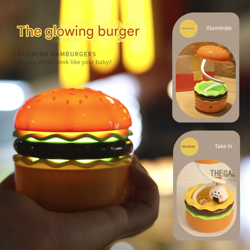 Veilleuse Hamburger, mini lampe de bureau créative avec taille-crayon intégré, lampe de chevet rechargeable par USB - 3
