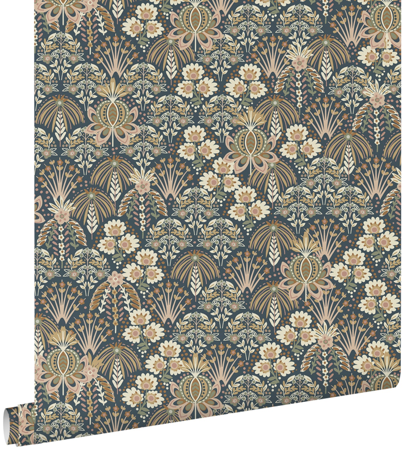 Tapeta vintage kwiaty w stylu secesyjnym szaro-granatowym - 50 x 900 cm - ESTAHOME