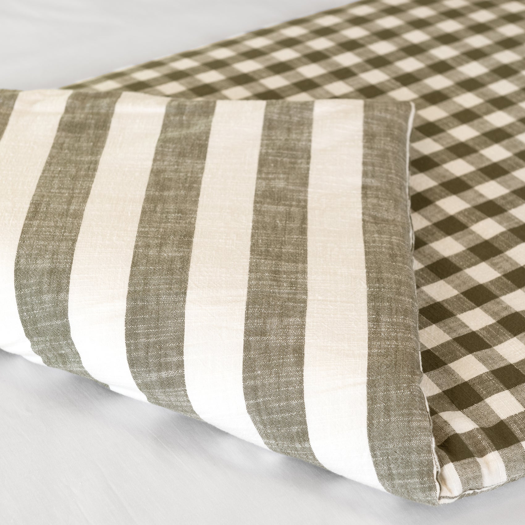 Édredon réversible coton flammé motifs rayures et vichy LOURMARIN - Kaki - 70x200 cm - Coton - 3