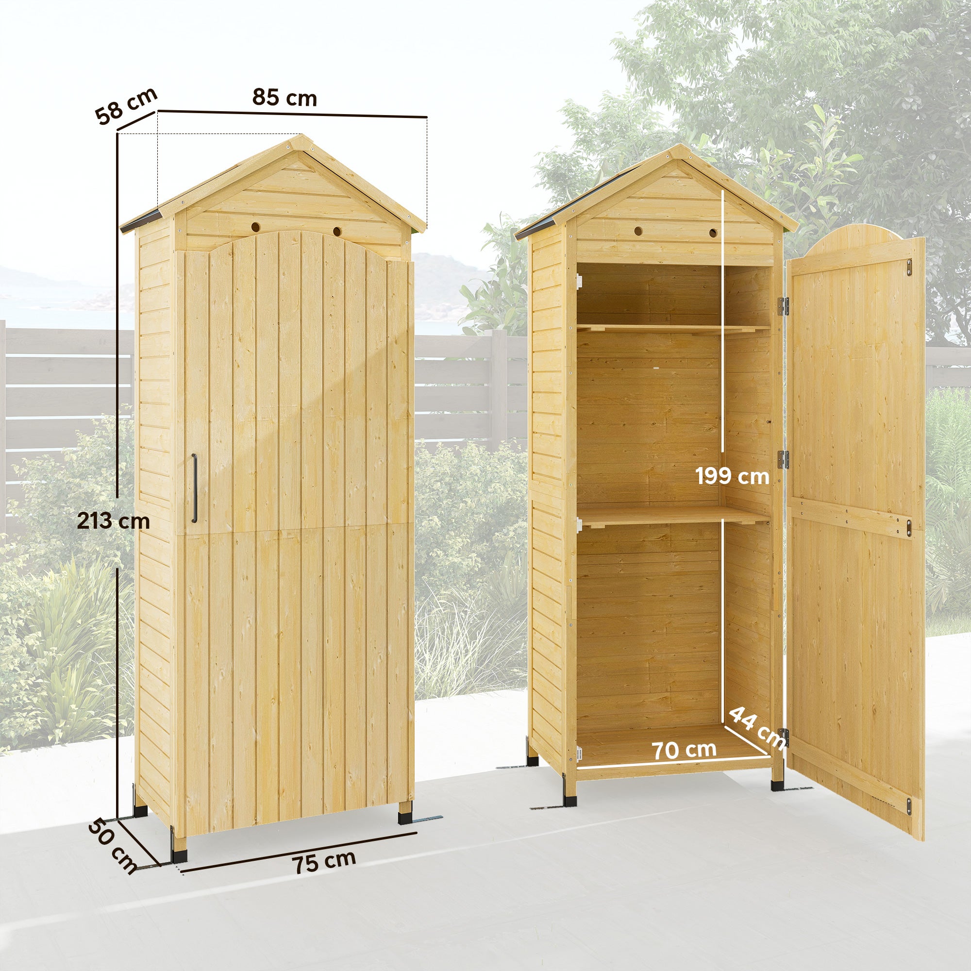 Armoire de Jardin en Bois Toit Acier Galvanisé Texture Gaufrée Étagères Réglables 85x58x213cm Bois Naturel - 5